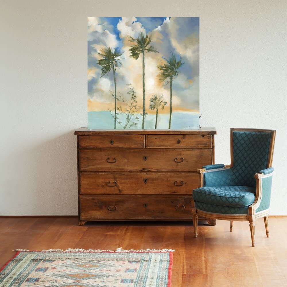 Liz Jardine 'Palms in the Wind' Fine Art Canvas Wall Decor - 32x32 Inch Ready-to-Hang Painting for Living Room, Bedroom, Office - Tropical Beach Landscape Artwork for Coastal & Boho Home Decor