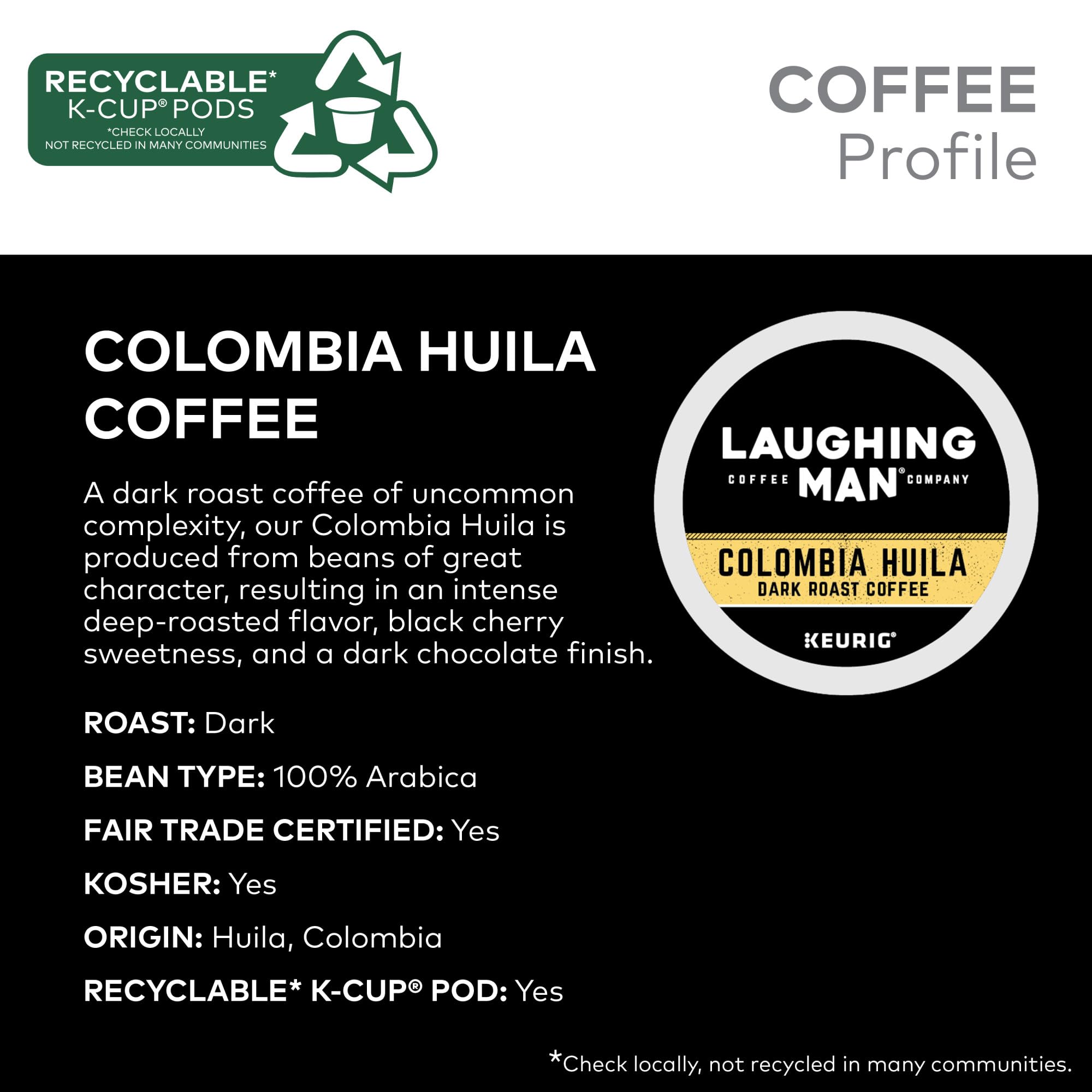 Premium Laughing Man Colombia Huila Dark Roast Coffee - Keurig Single Serve K-Cup Pods (88 Count, 4 Packs of 22) - Rich & Bold Flavor for Home, Office or Breakfast Brewing