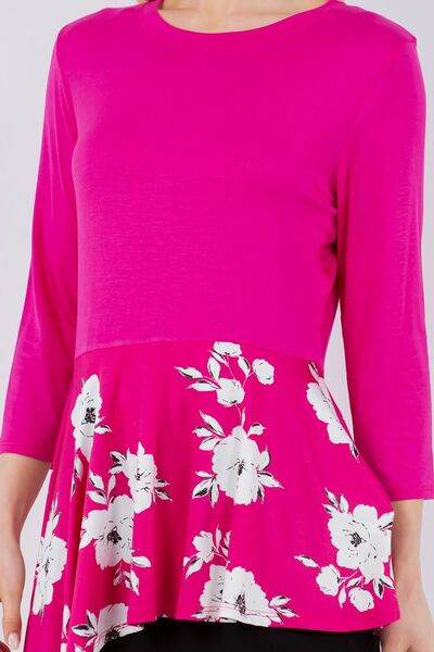 Celeste Floral Print Asymmetrical Hem Round Neck Blouse - Plus Size Women's Tops for Casual Wear & Summer Outfits