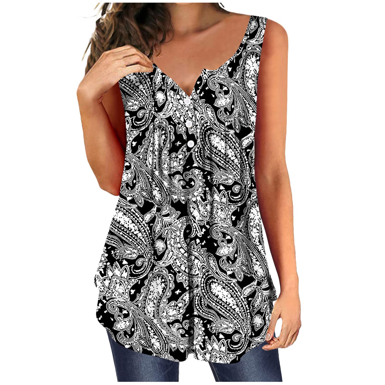Women's Sleeveless Floral Print Henley Neck Pleated Tunic Tank Top - Summer Casual Loose Flowy Vest for Beach, Vacation & Everyday Wear