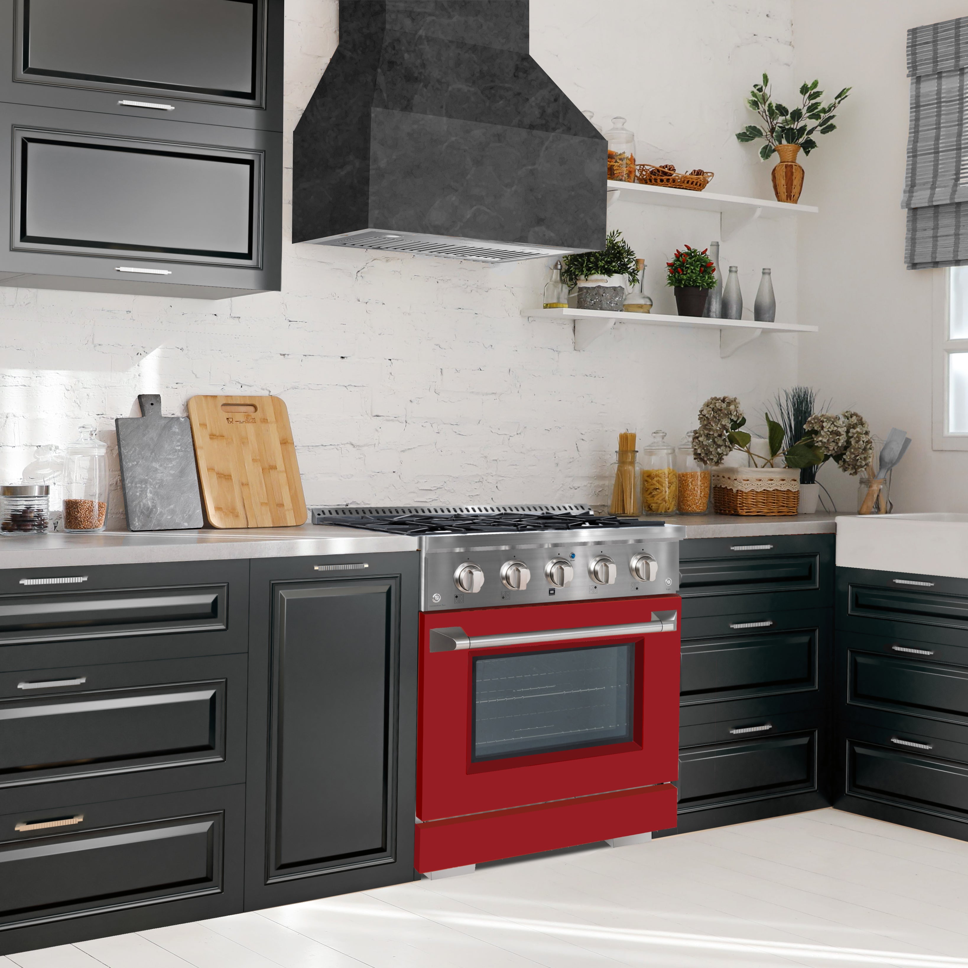 Ancona 30 Inch 4.2 cu ft Stainless Steel Dual Fuel Range with 4 Burners, Convection Oven & Red Door - Perfect for Home Kitchen, Baking & Cooking