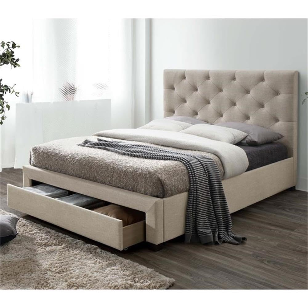 Furniture of America Bethn Transitional Fabric Storage Cal King Bed in Beige - Modern Upholstered Platform Bed with Underbed Storage for Master Bedroom & Guest Room