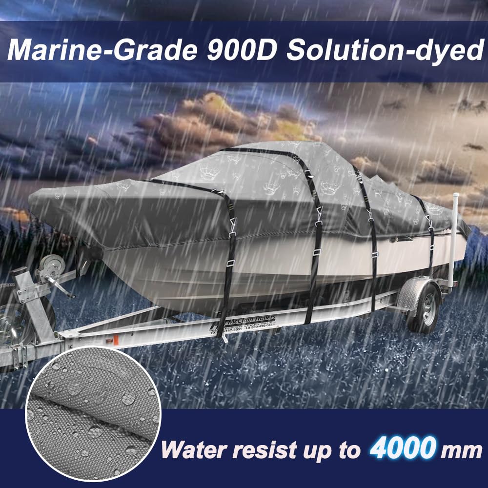 **900D Heavy Duty Waterproof Boat Cover - Trailerable V-Hull Cover with Metal Buckles, Fits 20'-22' Runabout, Tri-Hull & V-Hull Boats (Beam up to 100