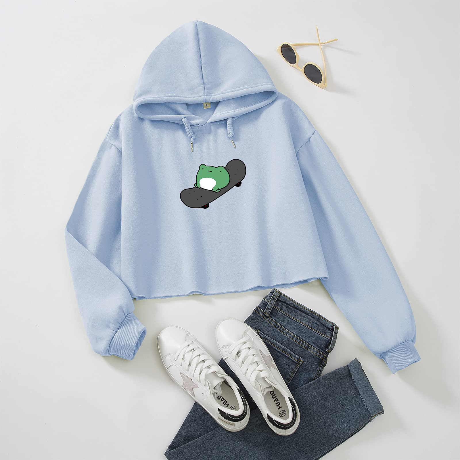 KEEVICI Women's Cropped Hoodie - Cute Frog Skateboard Graphic Cotton Sweatshirt, Long Sleeve Workout Pullover Top | Trendy Streetwear for Casual Outings & Gym