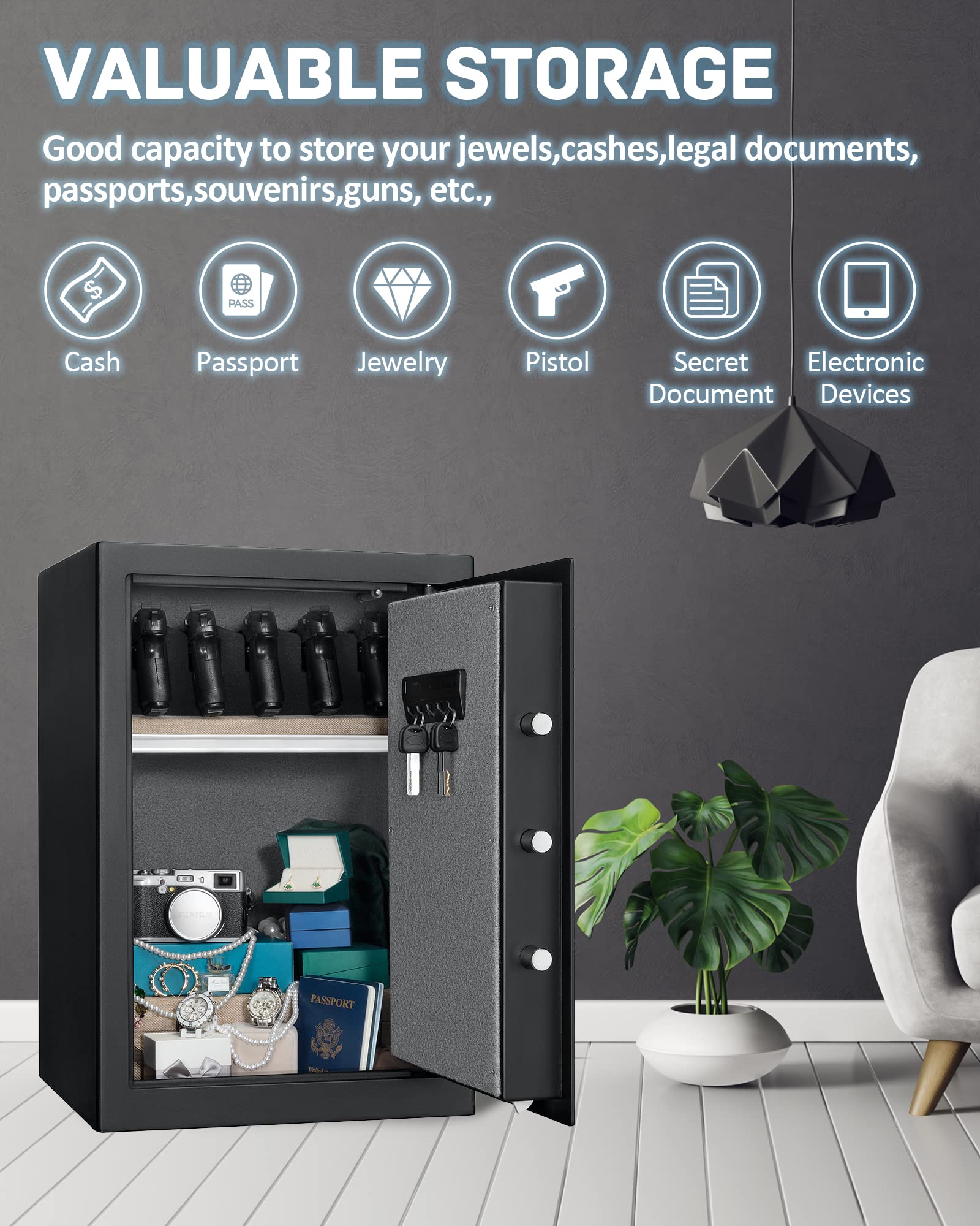 2.63 Cubic Feet Biometric Fingerprint Safe Box - Fireproof & Waterproof Security Safe with Smart Touch Lock for Home, Office, Hotel - Includes 5-Gun Rack for Pistols Storage - Perfect for Valuables, Documents & Firearm Protection