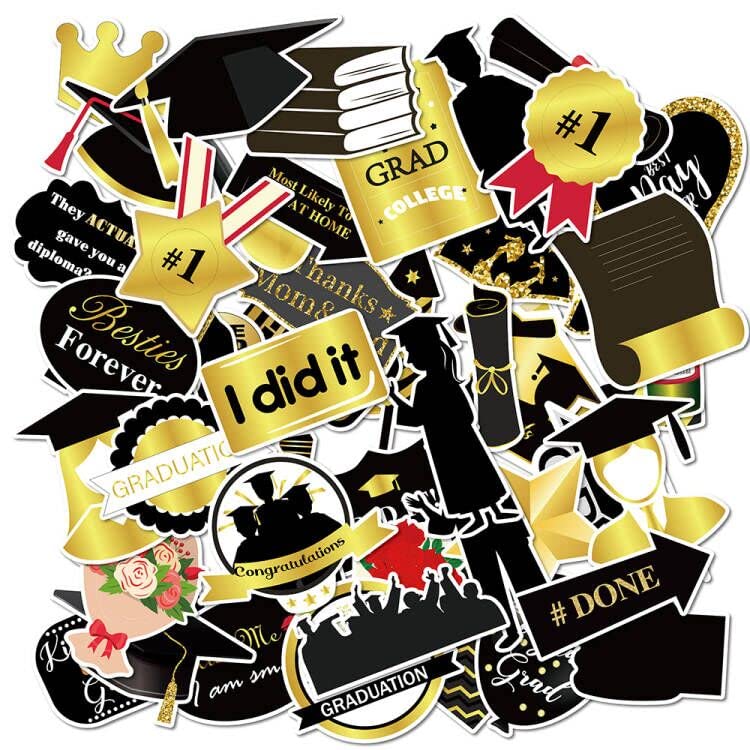 Graduation Stickers - 50pcs Waterproof PVC Decals for Bottles, Luggage, Laptops, Skateboards | Perfect for Graduation Gifts, School Supplies & DIY Projects