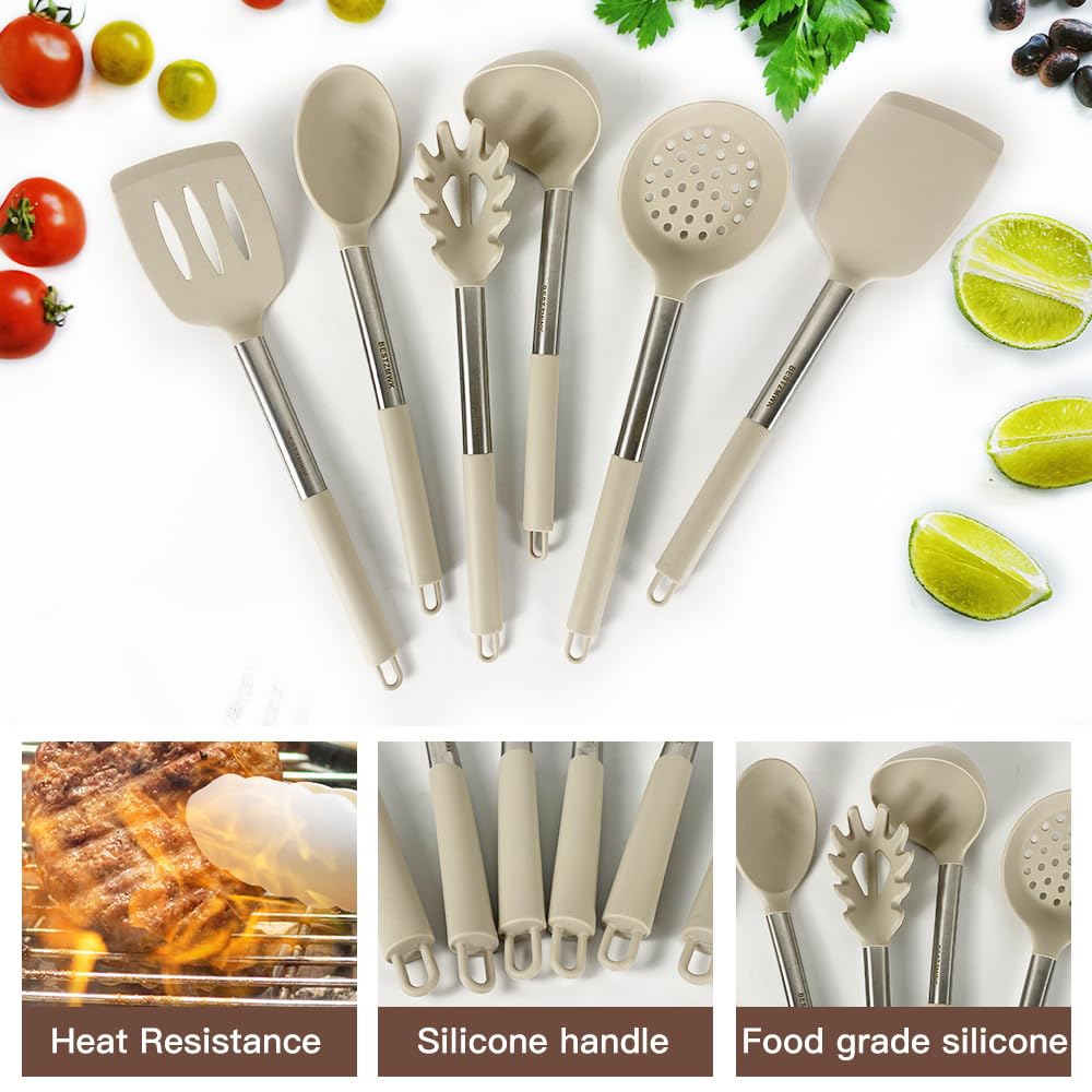 33-Piece Non-Stick Silicone Kitchen Utensil Set with Stainless Steel Handles & Holder - Spatulas, Ladles, Tongs for Cooking & Baking - Perfect for Home Chefs & Professional Kitchens (Khaki)