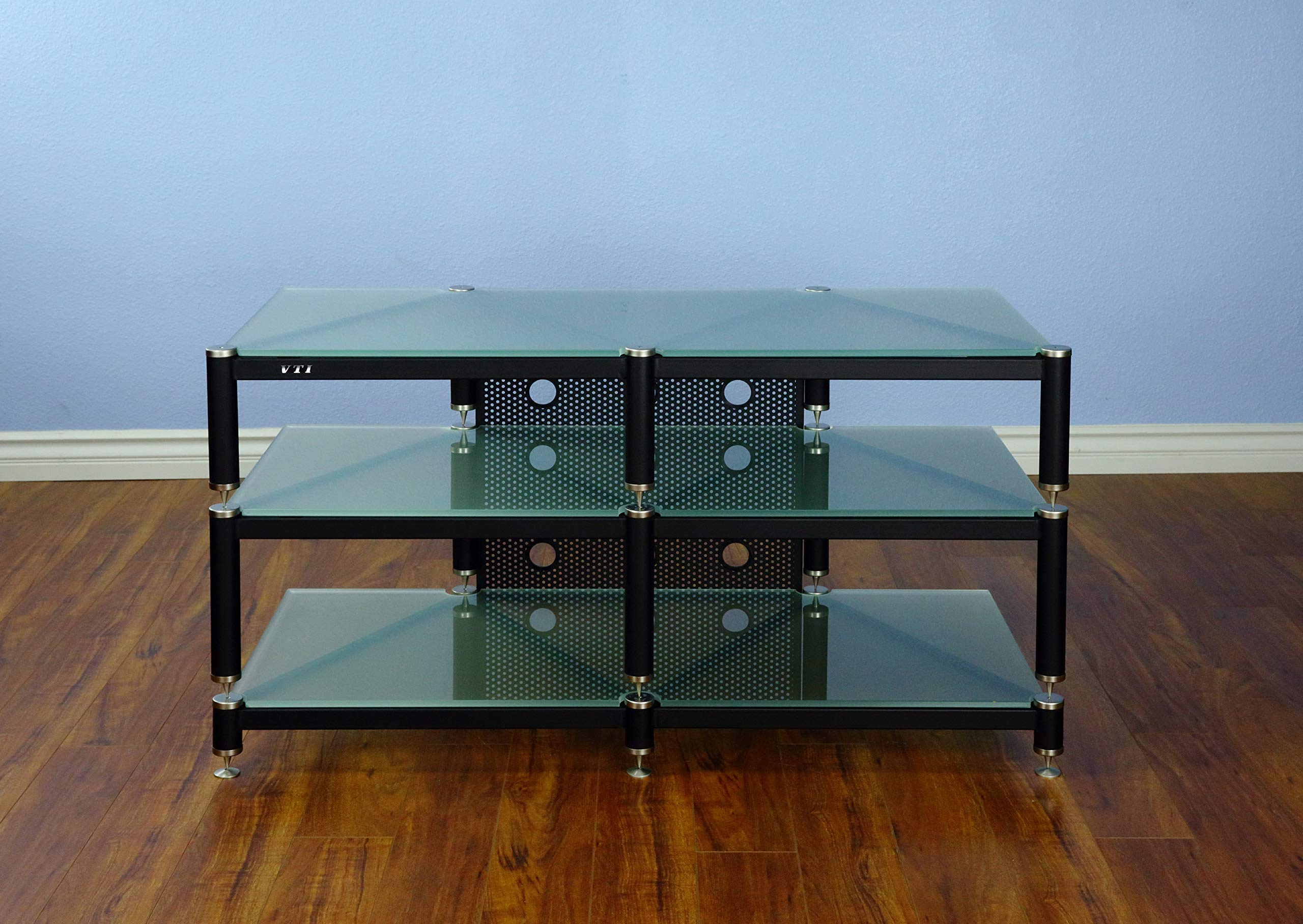 BLG503SF Series 3 Shelf Audio Rack TV Stand for 55 Inch TVs - Black Frame with Silver Caps & Spikes, Frosted Glass Shelves - Perfect for Living Room, Home Theater & Entertainment Center Setup