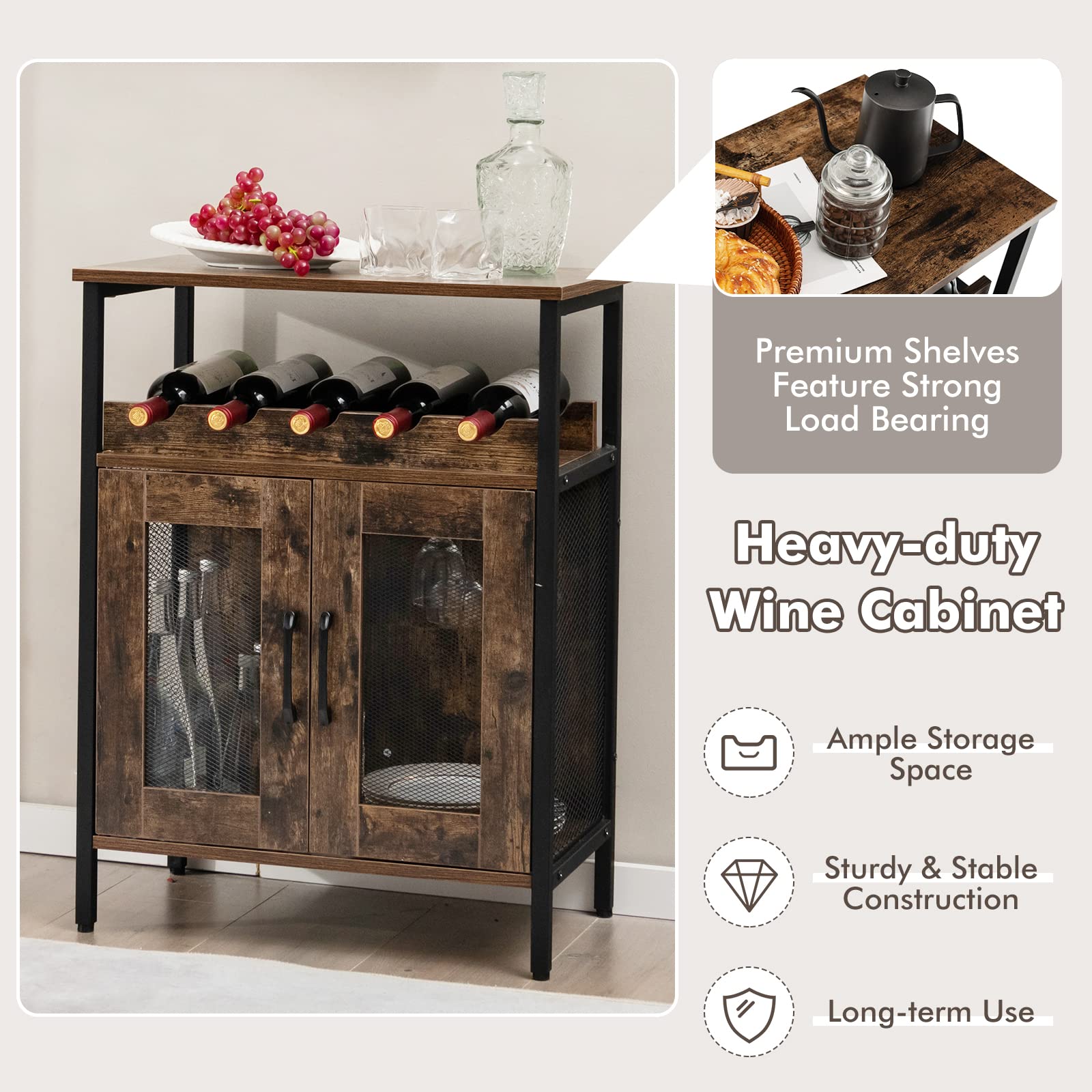 Industrial Wine Bar Cabinet with Removable Wine Rack & Glass Holder - Coffee Bar Storage Cabinet with Mesh Doors for Kitchen, Living Room, Dining Room | Perfect for Home Entertaining & Small Space Organization