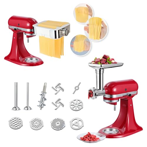 **KitchenAid Stand Mixer Meat Grinder & Pasta Maker Attachment Set - Includes Metal Food Grinder with Sausage Stuffer Tubes & 3-in-1 Pasta Maker with Dough Cutter - Perfect for Homemade Sausages, Ground Meat & Fresh Pasta**