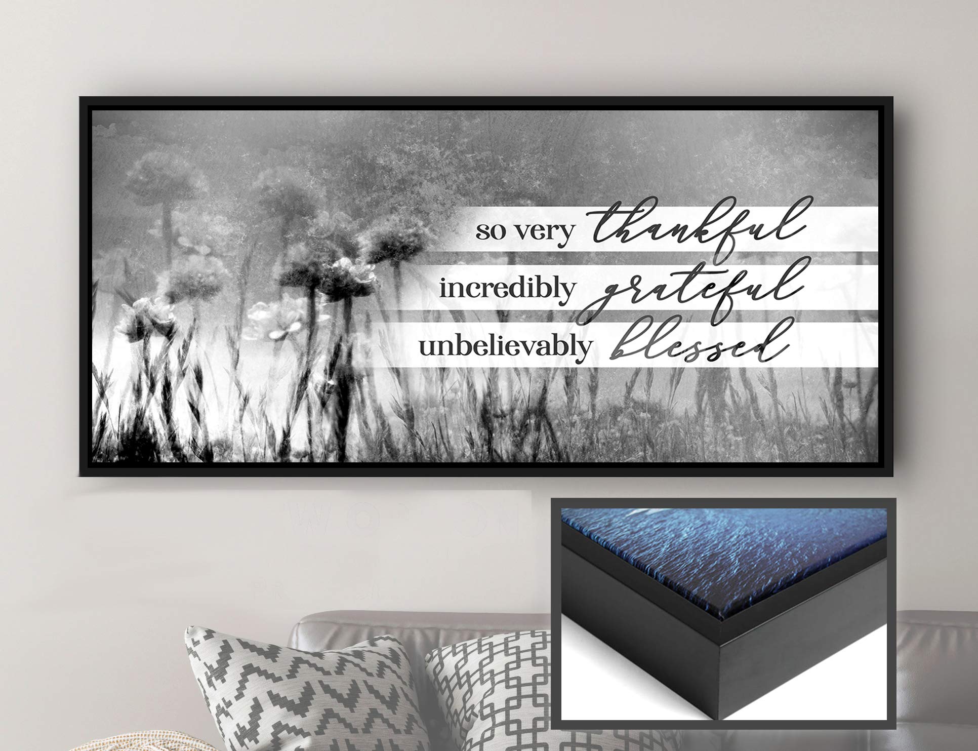Rustic Dandelion Wall Art Canvas - So Very Thankful Blessed Religious Nature Decor with Black Floating Frame (60x27 Inches, Grey) - Perfect for Farmhouse, Bedroom, Living Room & Office Decor