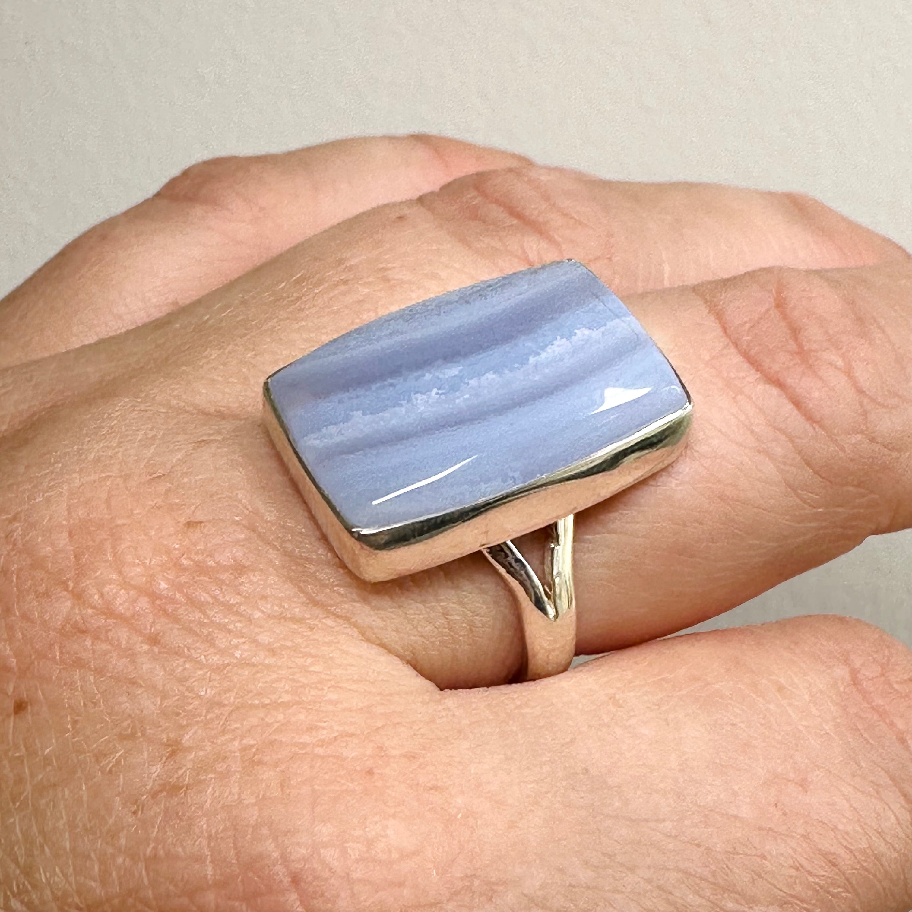 Blue Lace Agate Rectangular Cabochon Ring - Size 8 - KRGJ3382 - Perfect for Boho Jewelry, Wedding Accessories & Everyday Elegance