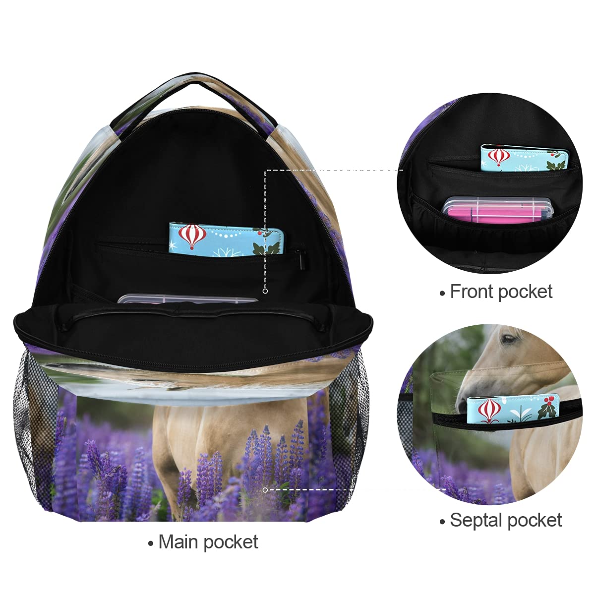 YPPAHHHH Horse Lavender Floral Backpack - School Bookbag for College Students, Laptop Backpack for Women & Men, Durable Travel Daypack for Hiking, Camping & Daily Use | Perfect for School, Work & Outdoor Adventures