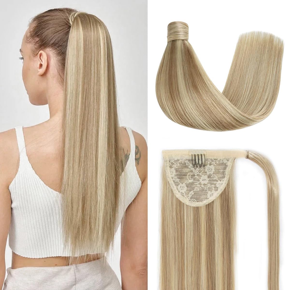 RECOOL 22 Inch Clip-In Ponytail Hair Extensions - Light Blonde to Bleach Blonde Remy Human Hair - Wrap Around Ponytail Extension for Women - Long Straight Natural Look - Perfect for Parties, Weddings & Everyday Styling