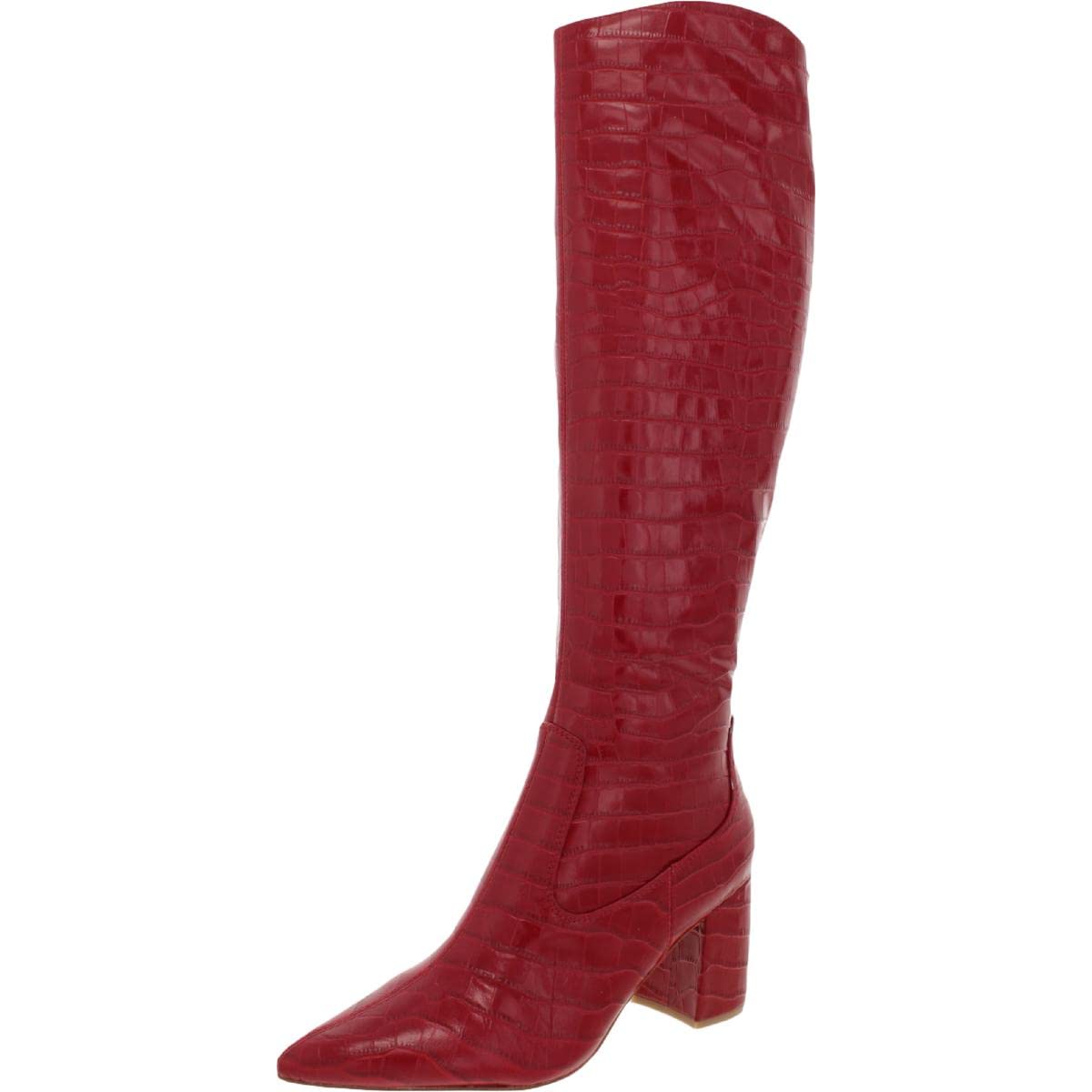 MARC FISHER Women's Red Leather Dress Boots - Pointed Toe, Block Heel, Zip-Up with Cushioned Comfort (Size 9) | Perfect for Office, Party & Winter Fashion