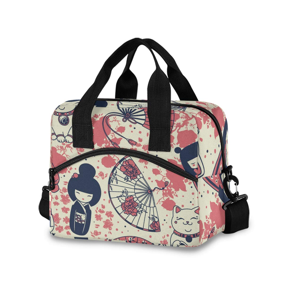 Japanese Sakura & Cat Dolls Insulated Lunch Box Tote Bag for Women & Men - Detachable Shoulder Strap for Office, School, Picnic & Hiking - Perfect for Work, Travel & Outdoor Activities