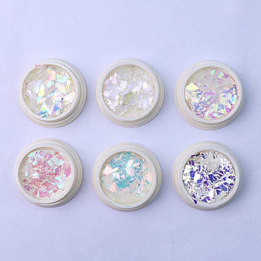 2025 Ultra-Thin Iridescent Holographic Opal Nail Sequins - 6pcs Purple Geometric Crystal Fire Opal Flakes & Chrome Glitter Powder for DIY Spring Nails Manicure | Perfect for Nail Art, Salon Designs & Party Makeup Looks