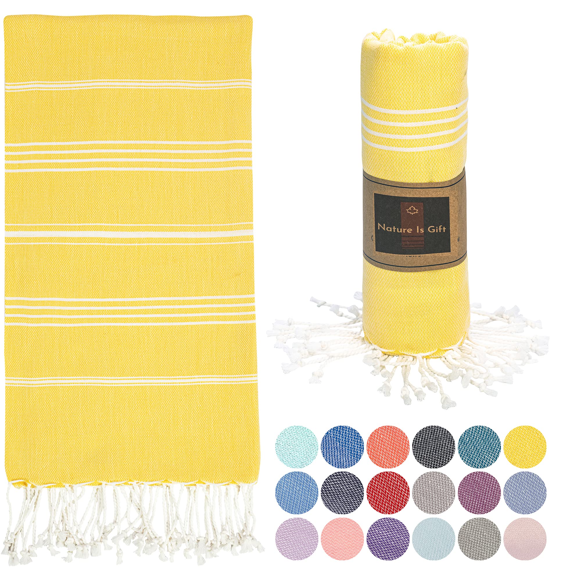 Nature Is Gift Turkish Beach Towel - 100% Cotton, Prewashed, 38x70 Inches - Quick Dry, Sand Free, Lightweight - Large Bath Towel for Beach, Pool, Bathroom, SPA, Gym & Yoga - Perfect for Summer Vacations, Picnics & Outdoor Adventures (Yellow)