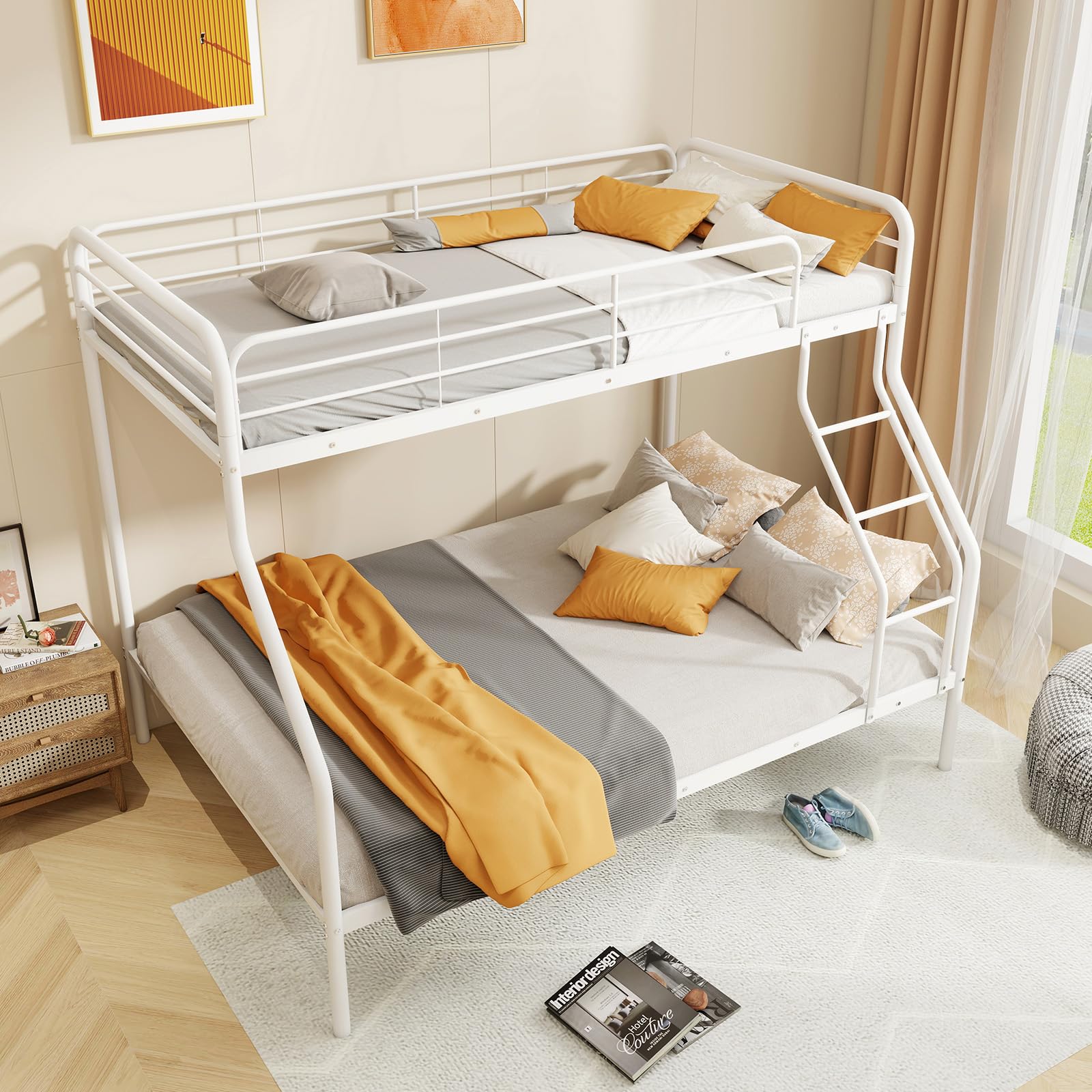 Giantex Heavy Duty Metal Bunk Bed Twin Over Full Size - Sturdy Bunk Bed for Teens & Adults with Ladder & Safety Guardrails - Space Saving Bunk Bed for Dorm, Bedroom, Apartment - No Box Spring Needed (White) - Perfect for Small Spaces & Shared Rooms