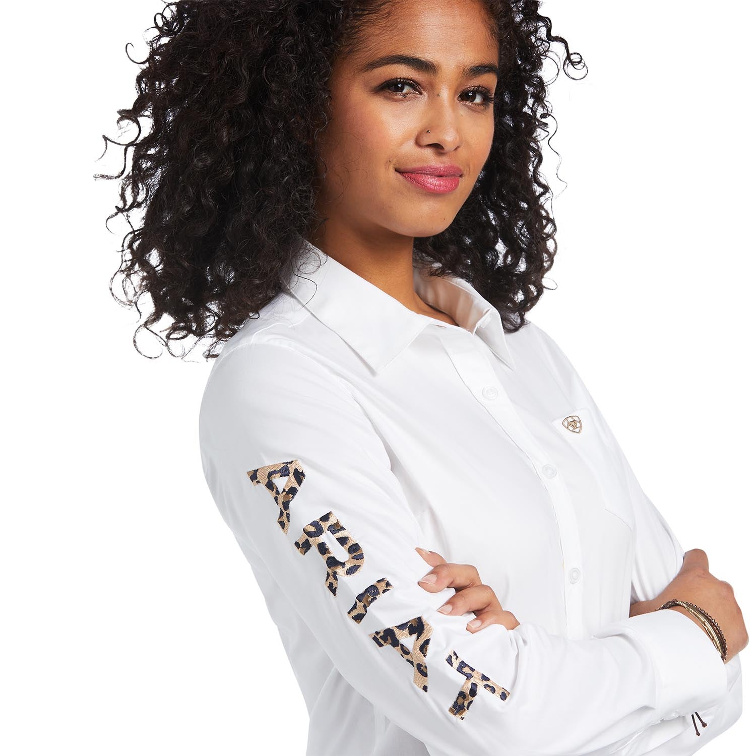 Ariat Women's Team Kirby Stretch Shirt - White with Leopard Print - Comfortable Long Sleeve Work Shirt for Horse Riding, Ranch Work & Outdoor Activities