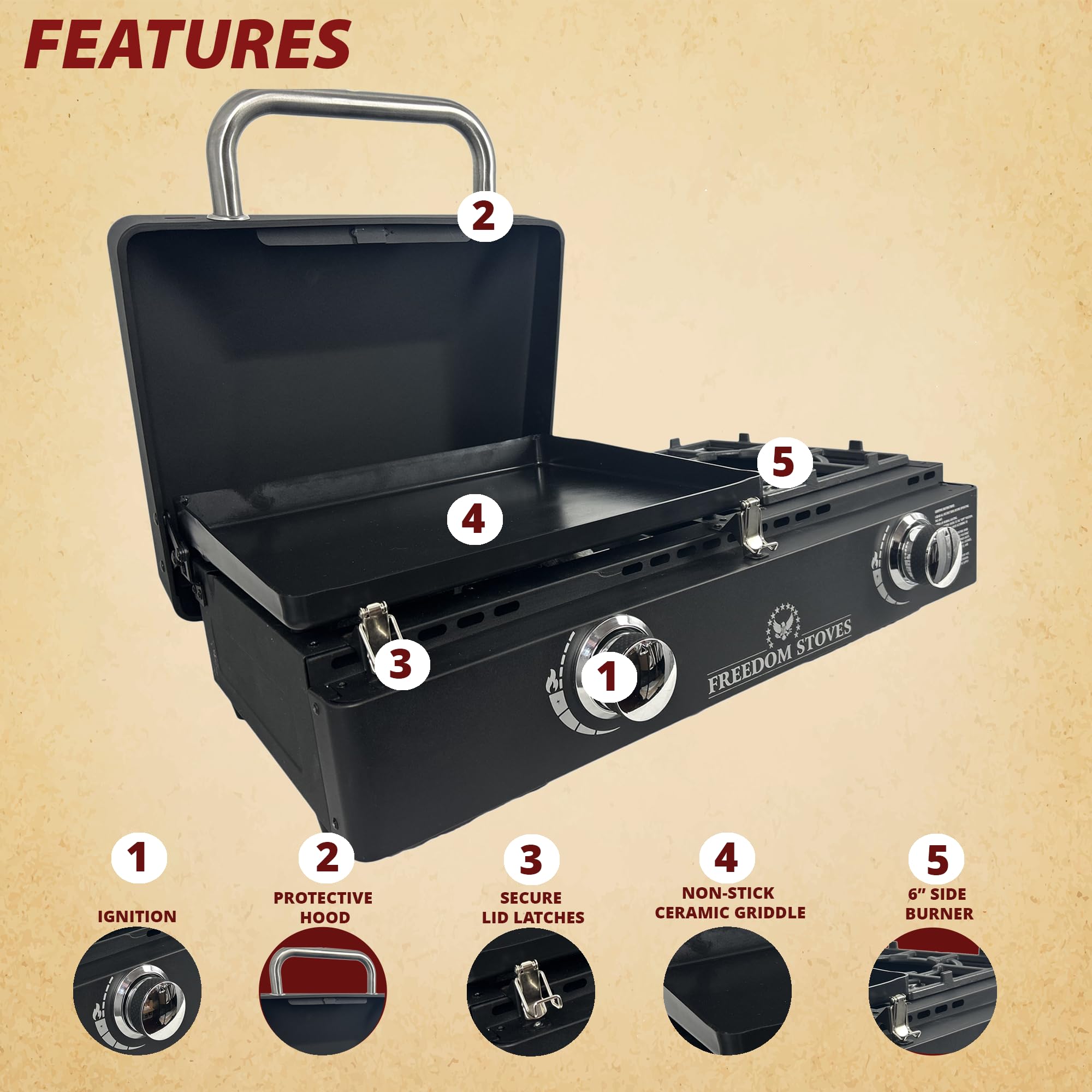Freedom Stove 22 Inch Non-Stick Ceramic Flat Top Propane Gas Griddle with Locking Lid - Includes Utensils, Cover & LP Adapters (1LB & 20LB) - Perfect for Outdoor Cooking, Camping, Tailgating, Backyard BBQs and Patio Parties (22