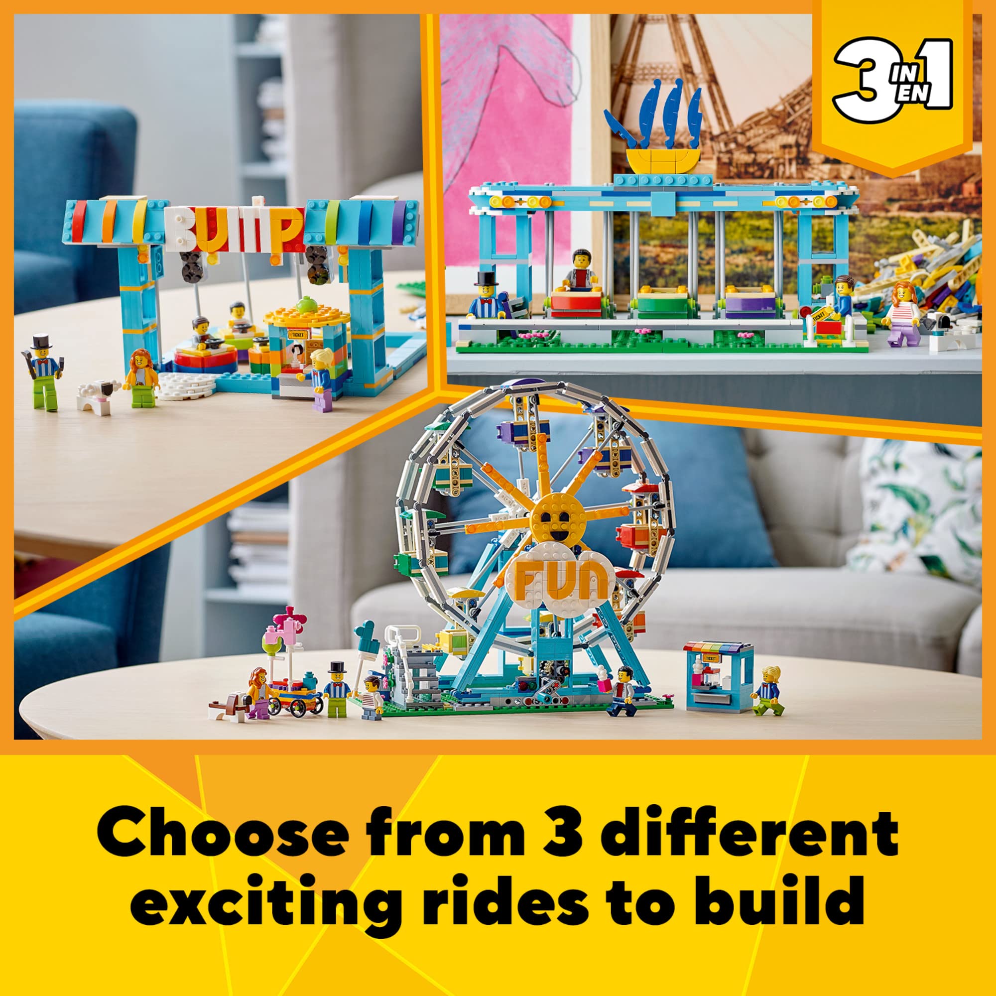LEGO Creator 3in1 Ferris Wheel 31119 Building Kit with Rebuildable Toy Bumper Cars & Boat Swing - 5 Minifigures Included (1,002 Pieces) - Perfect for Creative Play, STEM Learning & Collectors - New 2021 Model