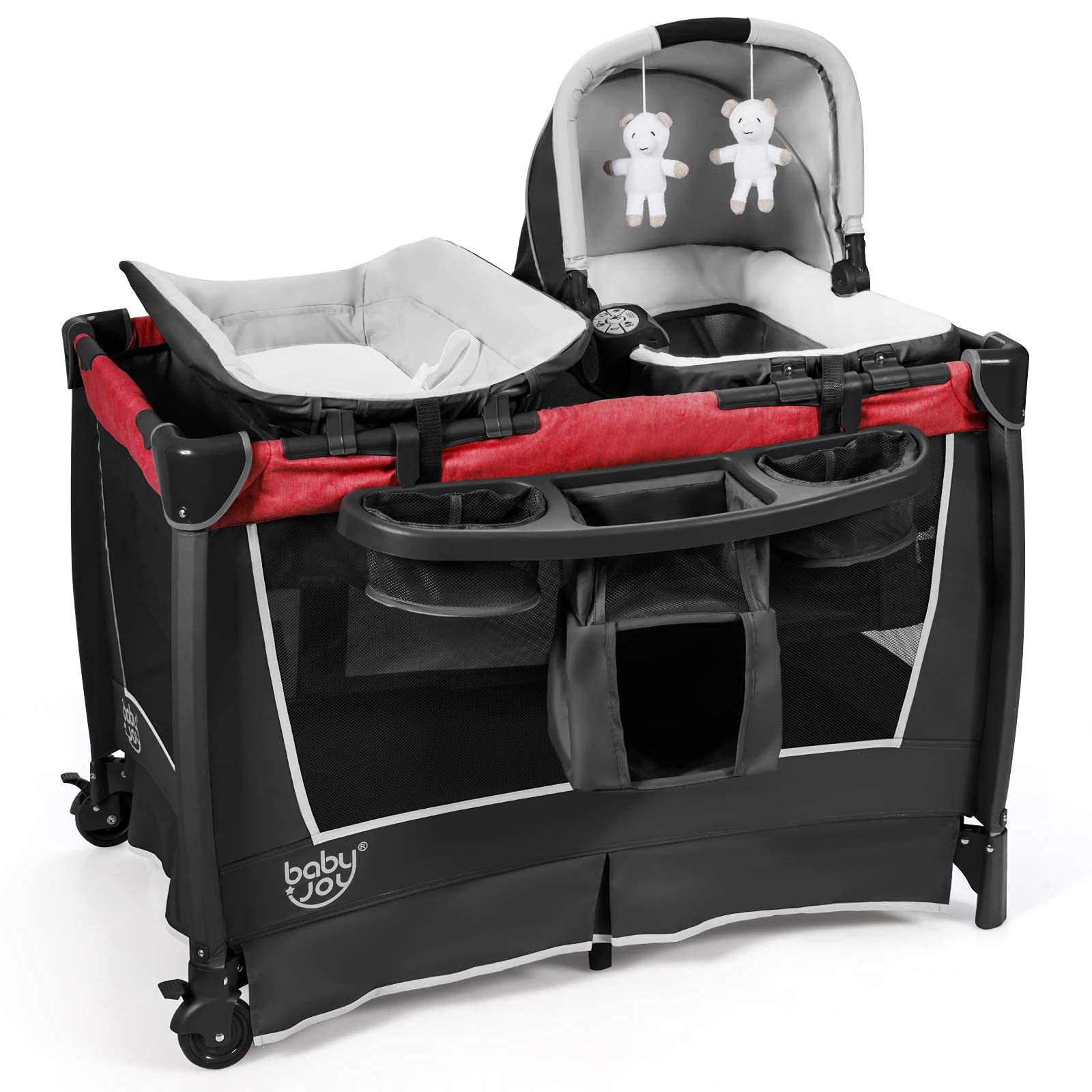 BABY JOY 4-in-1 Portable Playard with Bassinet, Changing Table & Activity Center - Baby Nursery Playpen with Music, Toys & Storage Bag for Newborns & Toddlers (Rose, Classic) - Perfect for Home, Travel & Daycare Use