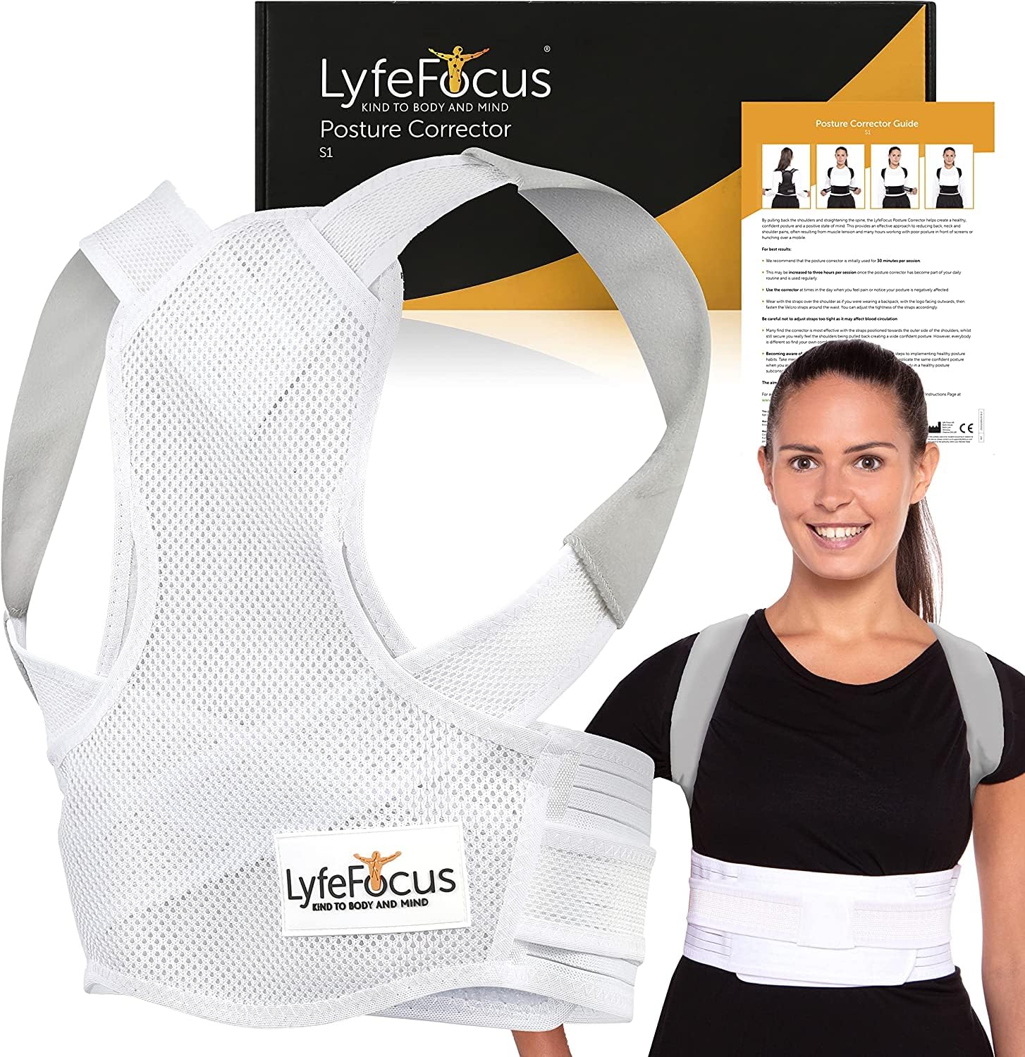 LyfeFocus S1 Premium Invisible Breathable Posture Corrector for Men & Women - Upper Back Brace & Posture Straightener - Relieves Neck, Shoulder & Back Pain - Ideal for Office Work, Gaming & Daily Activities (White, Medium)