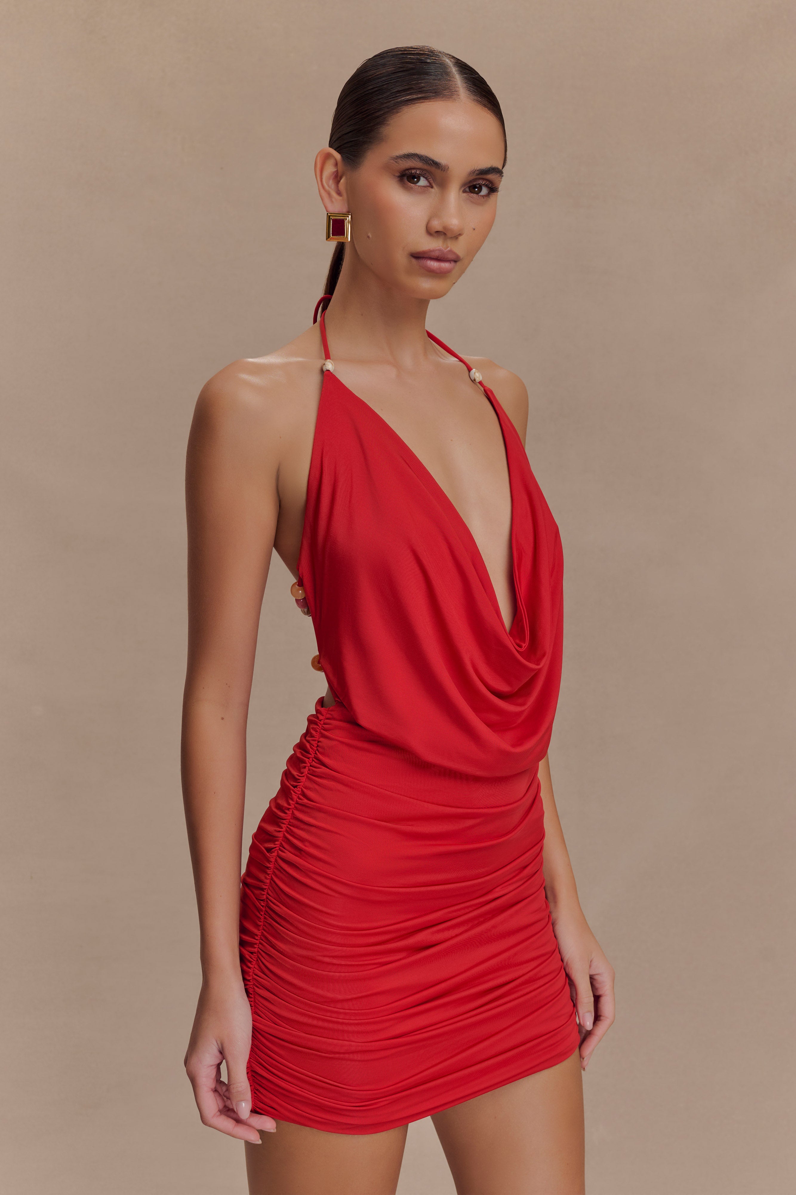 Astraeus Beaded Cowl Mini Dress in Desert Red | Elegant Party & Evening Wear for Women | Perfect for Cocktail Parties, Date Nights & Special Occasions
