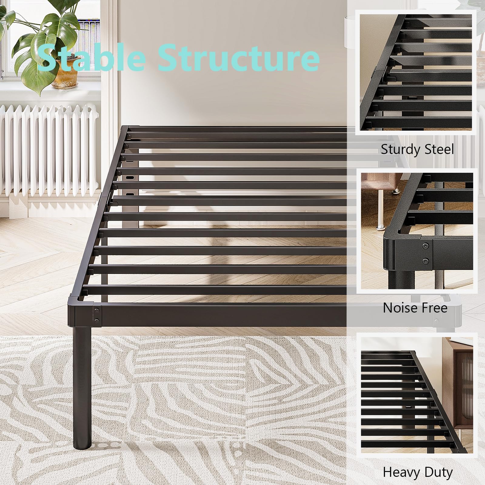 **Heavy Duty 18 Inch Queen Metal Bed Frame - No Box Spring Needed, Easy Assembly, Noise-Free Platform Bed - Perfect for Master Bedrooms, Guest Rooms & Apartments (Black, Model 4004-18B)**