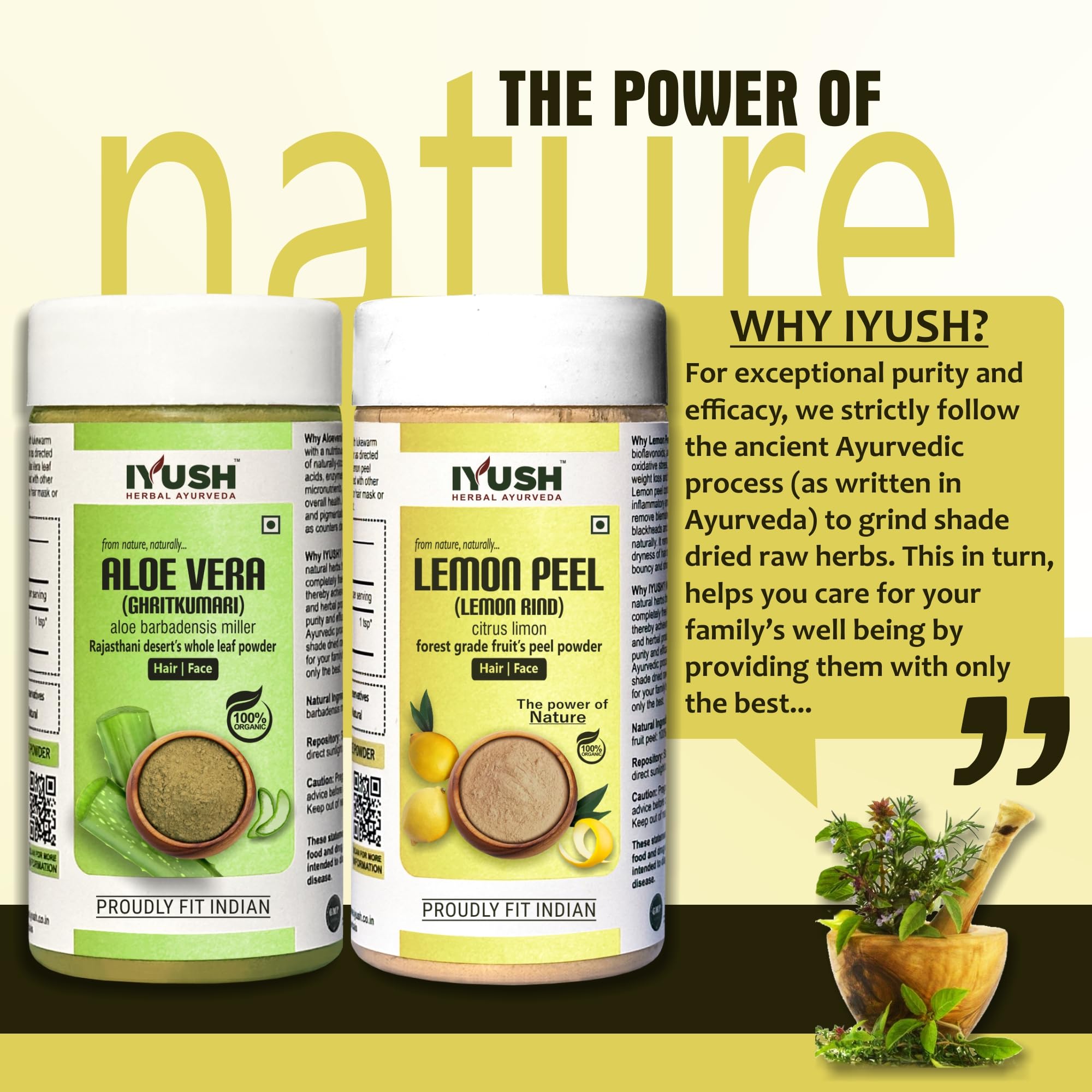 IYUSH Herbal Ayurveda Aloe Vera and Lemon Peel Powder - 100g Each | Natural Skin Care & Hair Treatment | For Face Masks, Hair Growth & Detox Drinks