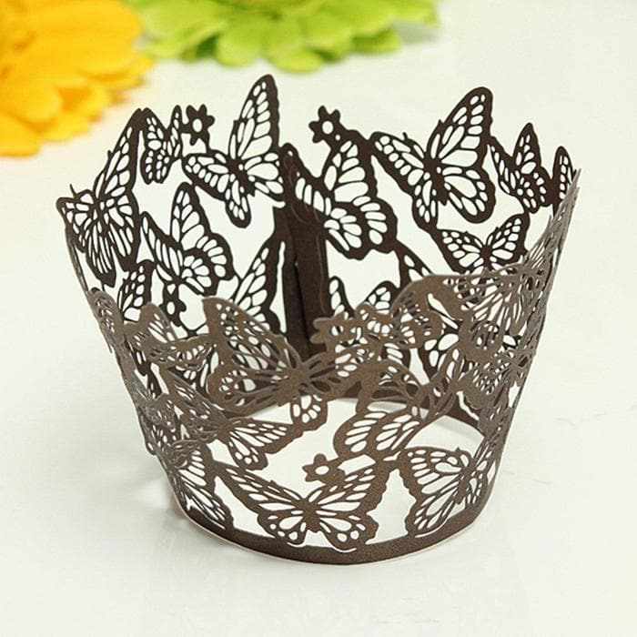 Elegant Coffee Brown Butterfly Lace Cupcake Wrappers & Liners - Perfect for Weddings, Birthday Parties, and Special Occasions
