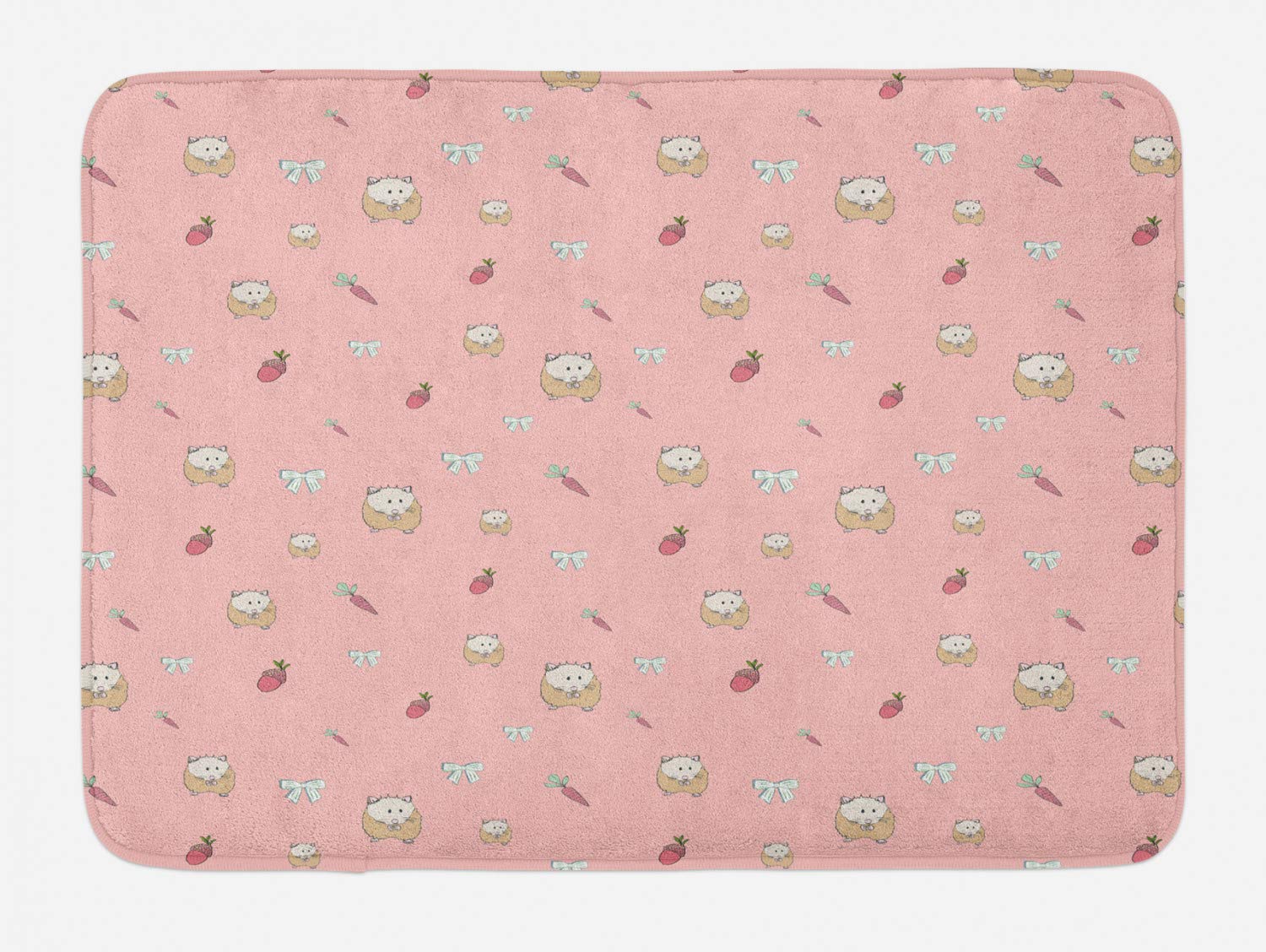 Ambesonne Plush Hamster Bath Mat - Non-Slip Cartoon Guinea Pig Design with Pink Carrot & Bowtie - 30