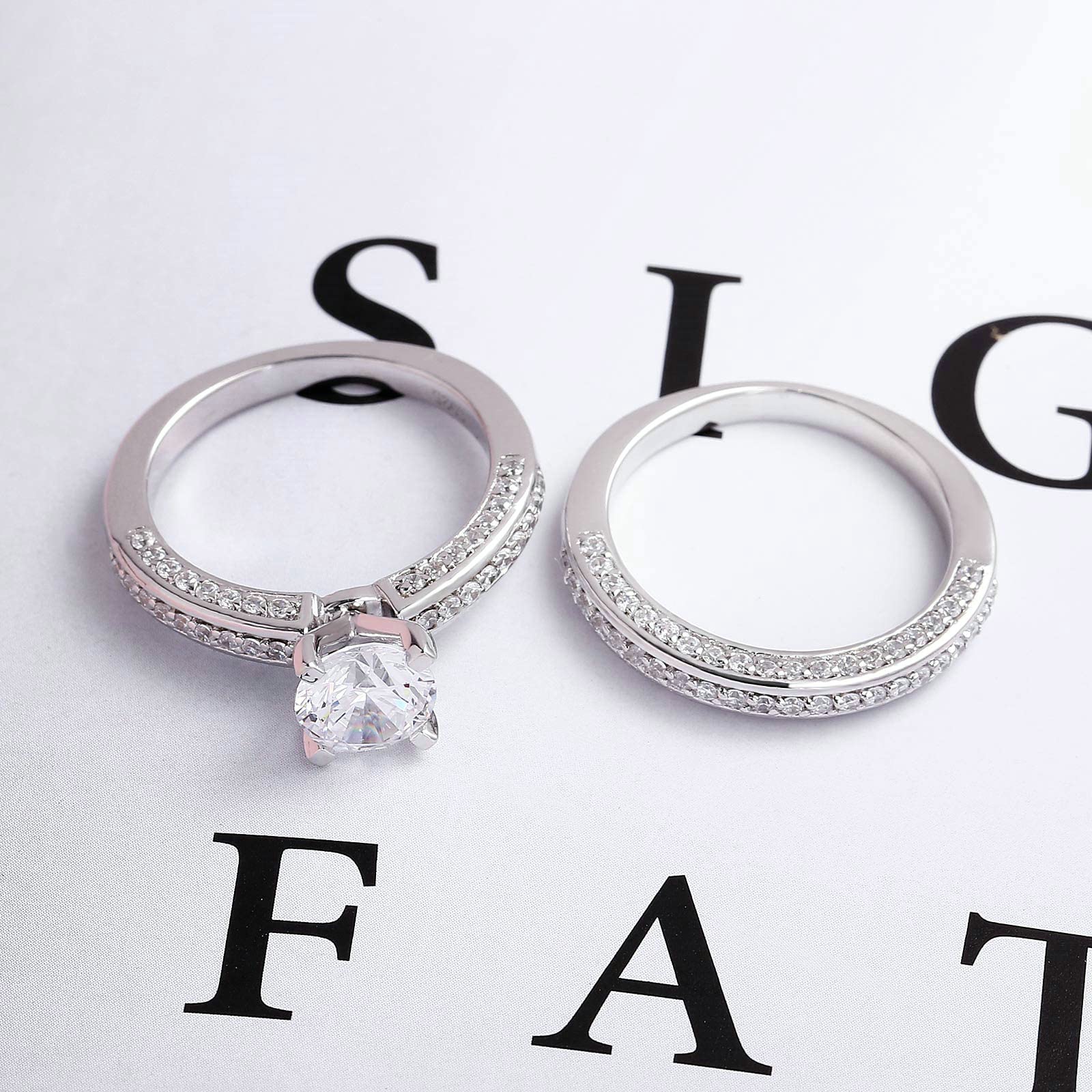 Gualiy Sterling Silver Band Rings for Women - Wedding & Marriage Rings Set with Round Cubic Zirconia (2Pcs, Size 4-11) | Perfect for Engagement, Anniversary & Everyday Wear