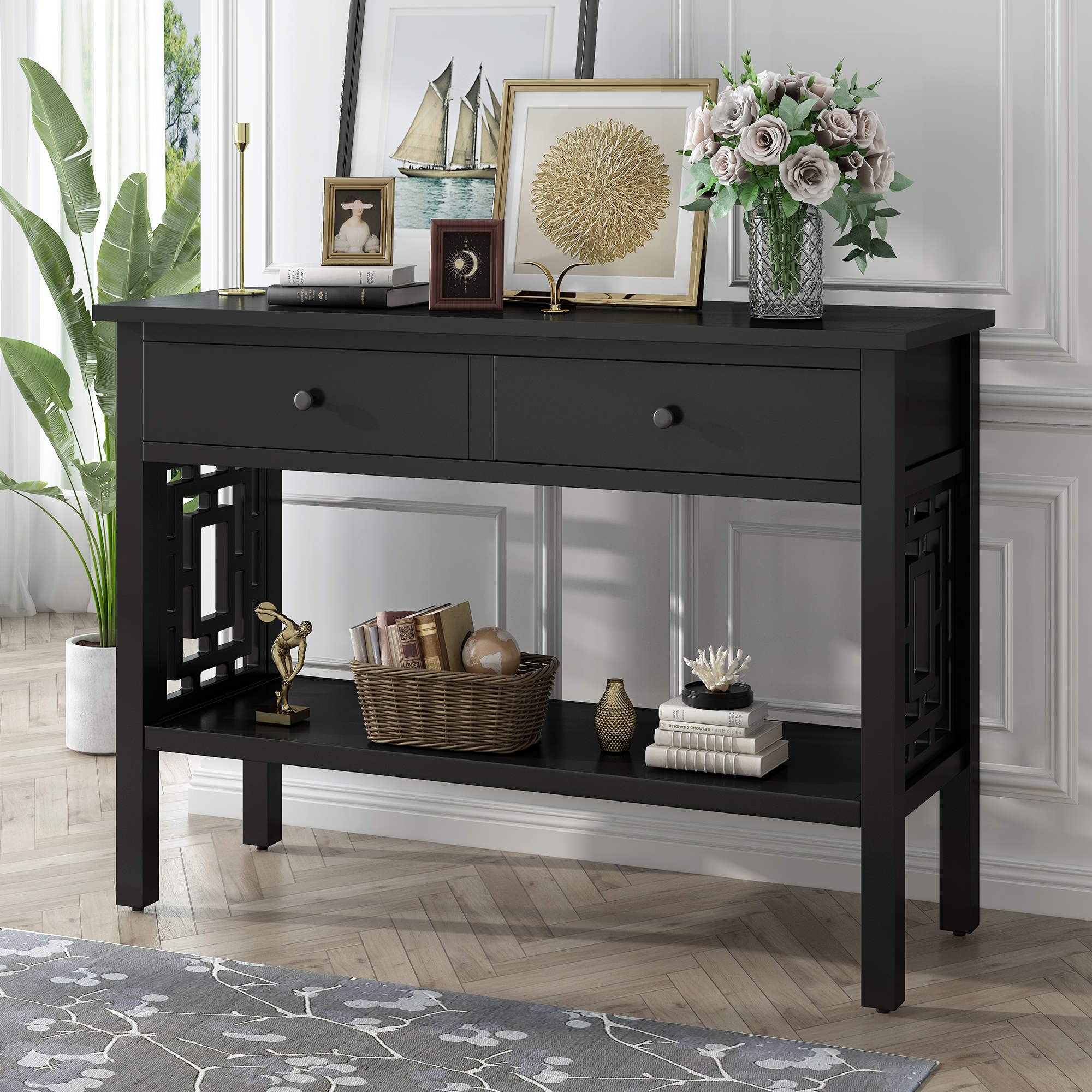 41 Inch Retro Console Table with 2 Drawers & Open Shelf - Solid Wood Sofa Table, Entryway Hallway Table, Storage Cabinet for Living Room, Bedroom, Staircase Area - Perfect for Home Decor & Small Space Organization