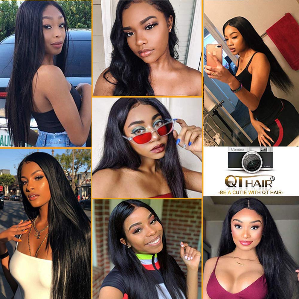 QTHAIR 14A Grade Brazilian Straight Human Hair Bundles with Lace Frontal - 100% Unprocessed Virgin Hair (12