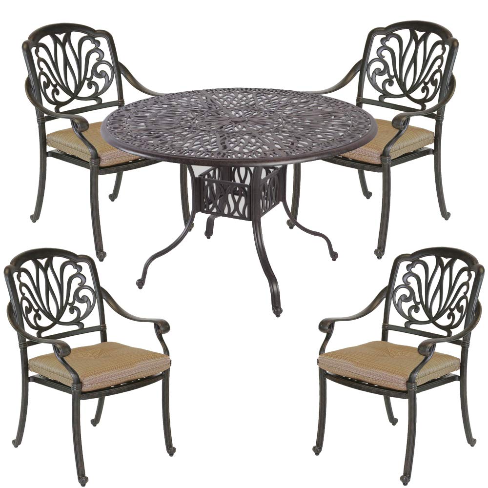 5-Piece Patio Dining Set with Elisabeth Cast Aluminum Chairs & 48-Inch Round Outdoor Table - Perfect for Backyard, Garden, Poolside, and Outdoor Entertaining