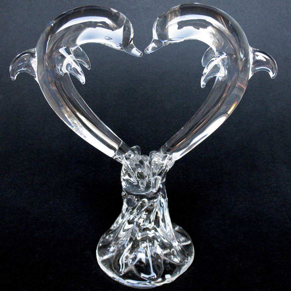 Handmade Blown Glass Dolphin Crystal Heart Wedding Cake Topper - Elegant Decoration for Beach Weddings, Anniversary Cakes & Romantic Celebrations