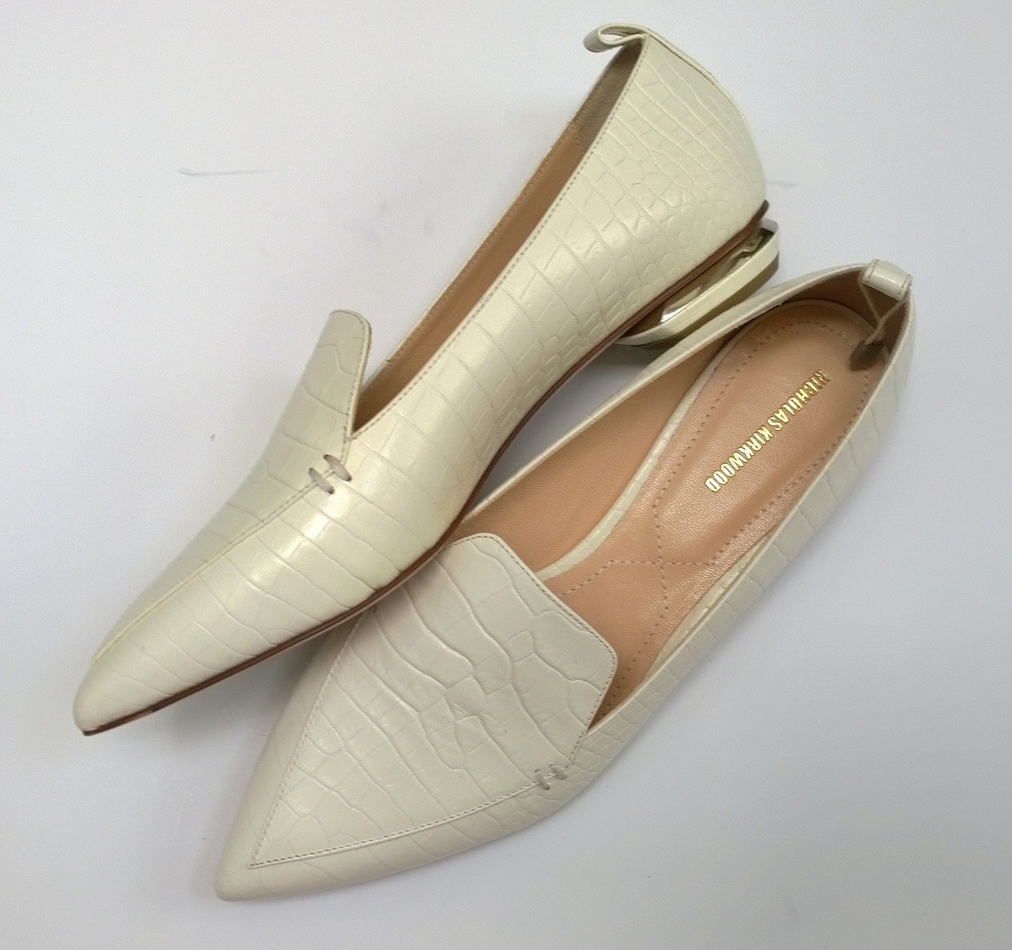 Nicholas Kirkwood White Embossed Crocodile Leather Beya Loafers for Women - Luxury Comfortable Slip-On Shoes for Office, Wedding & Special Occasions