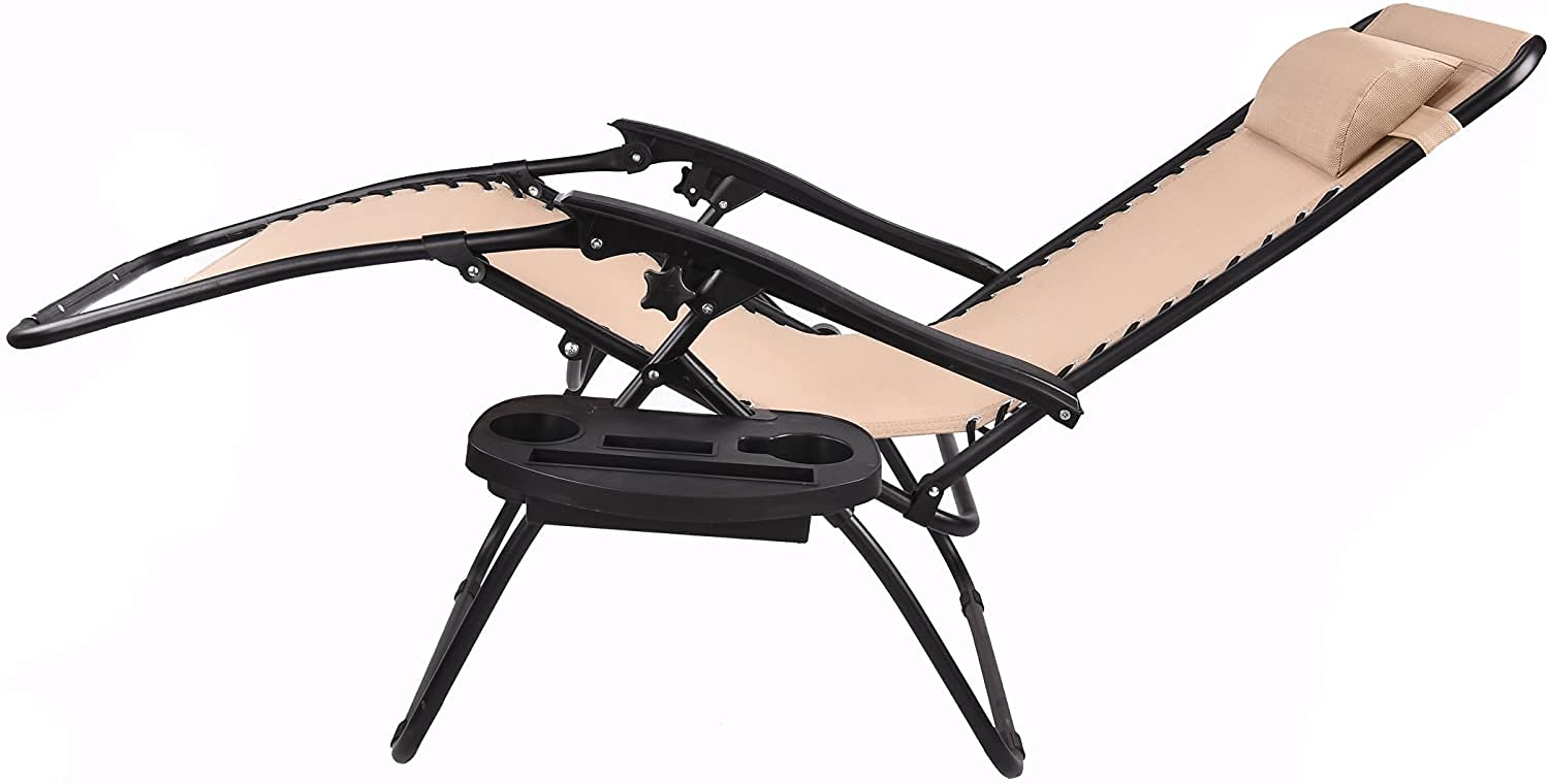 BTEXPERT Adjustable Steel Mesh Zero Gravity Lounge Chair - Outdoor Patio Recliner for Beach, Yard & Garden - Includes Pillow, Utility Tray & Cup Holder - Tan/Beige (2-Piece Set) - Perfect for Relaxing by the Pool, Sunbathing or Backyard Lounging