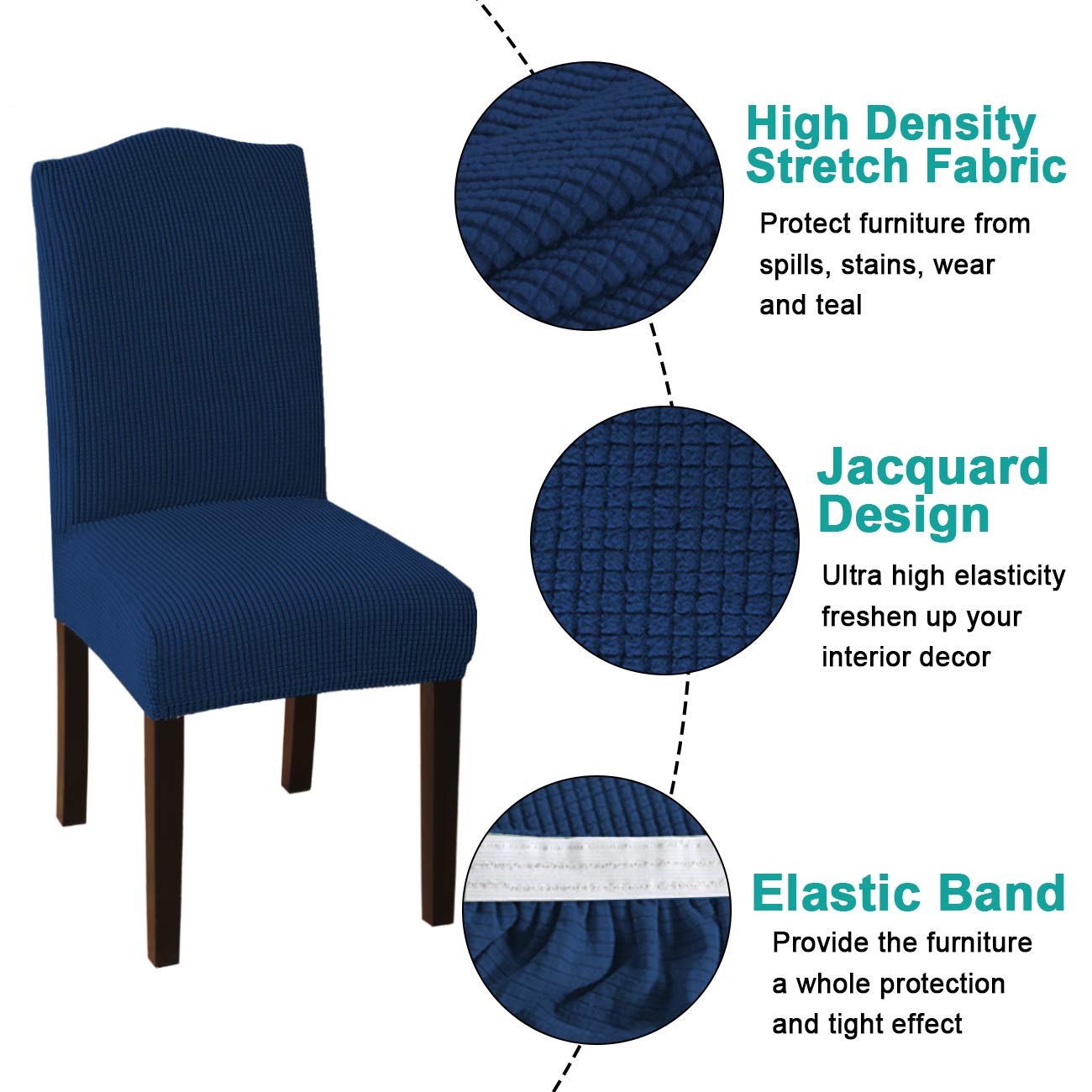 6-Pack Navy Blue Stretch Spandex Dining Chair Covers - Elastic Turquoise Slipcovers for Kitchen, Restaurant, Hotel & Wedding Ceremony - Easy to Clean & Removable Seat Covers for Home Decor
