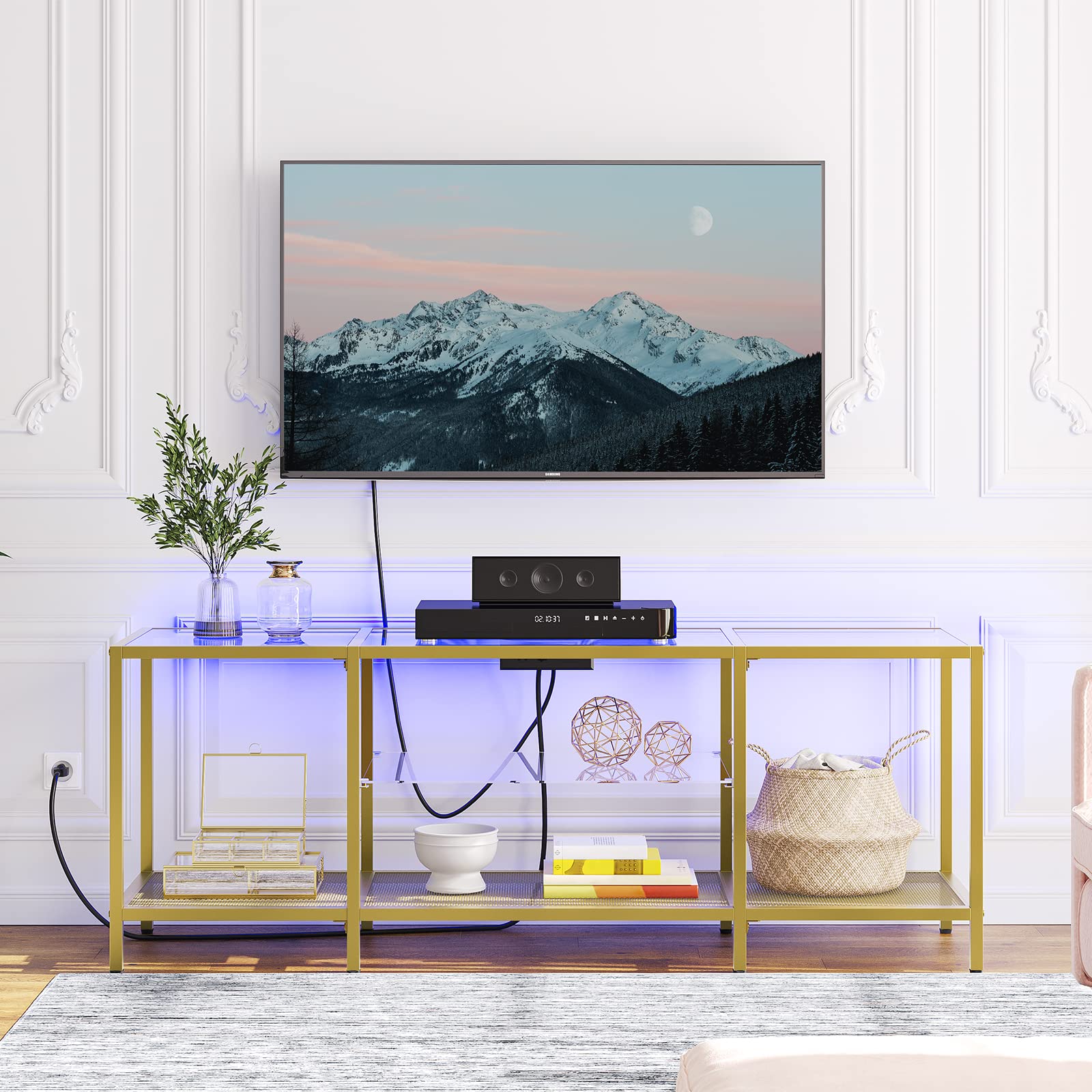HOOBRO 65 Inch TV Stand with LED Lights & Power Outlets, Modern Tempered Glass TV Console Table with Open Shelves, Media Entertainment Center for Living Room - Gold (GD145UDS01) | Perfect for Home Theater Setup & Living Room Decor