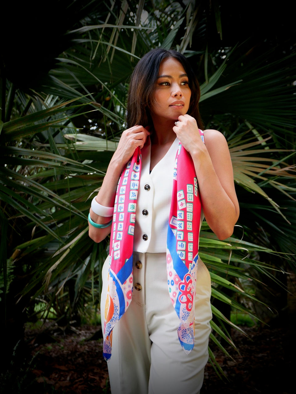 Aunty Carol's Premium Silk Scarf - Elegant Lucky Tiles Design | Perfect for Gifts, Weddings & Special Occasions