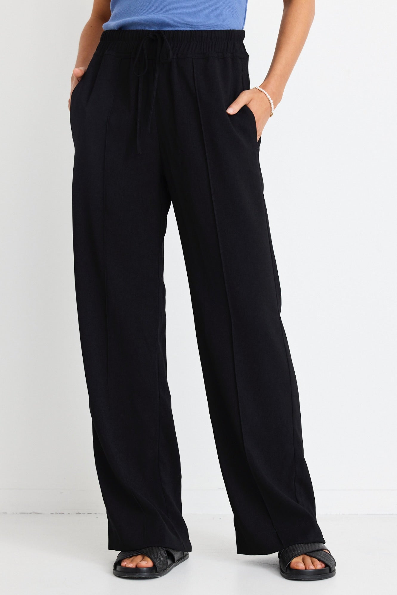 Stylish Civic Black Crepe Pintuck Leg Wide Pants for Women - Comfortable Office Wear & Casual Chic Outfits