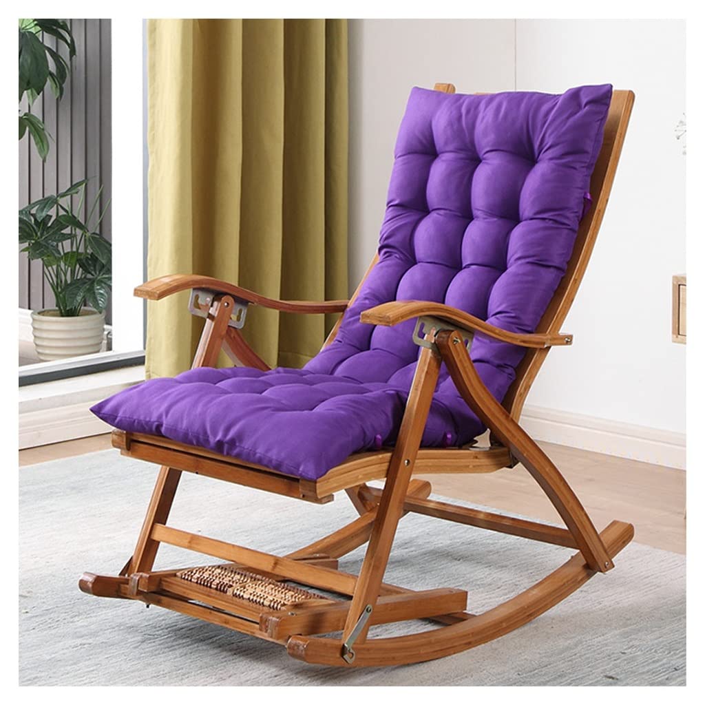 Adjustable Reclining Folding Chair with Ottoman - Padded Rocking Chair with Wooden Frame, Removable Cushion & Footrest - Portable Deck Recliner for Living Room, Bedroom or Patio - Comfortable Purple Lounge Chair for Relaxing & Reading