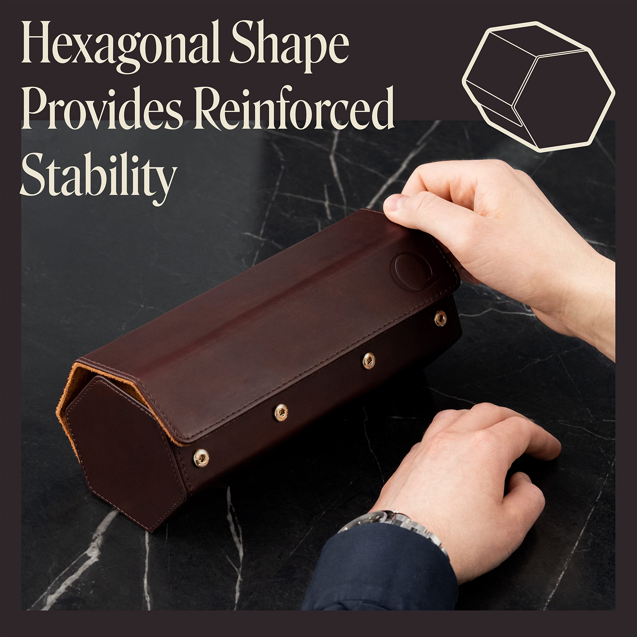 Premium Napa Leather Watch Roll for Men - Hexagon Triple Watch Travel Case Holds 3 Watches - Genuine Leather Storage Organizer with Velvet Lining (Brown/Tan) - Perfect for Travel, Business Trips & Watch Collection Display