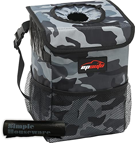 EPAuto Waterproof Car Trash Can with Lid and Storage Pockets - Leakproof Vehicle Garbage Bin for SUV, Truck, Van - Organizer with Side Pockets for Road Trips, Travel, Camping (Camouflage Grey)