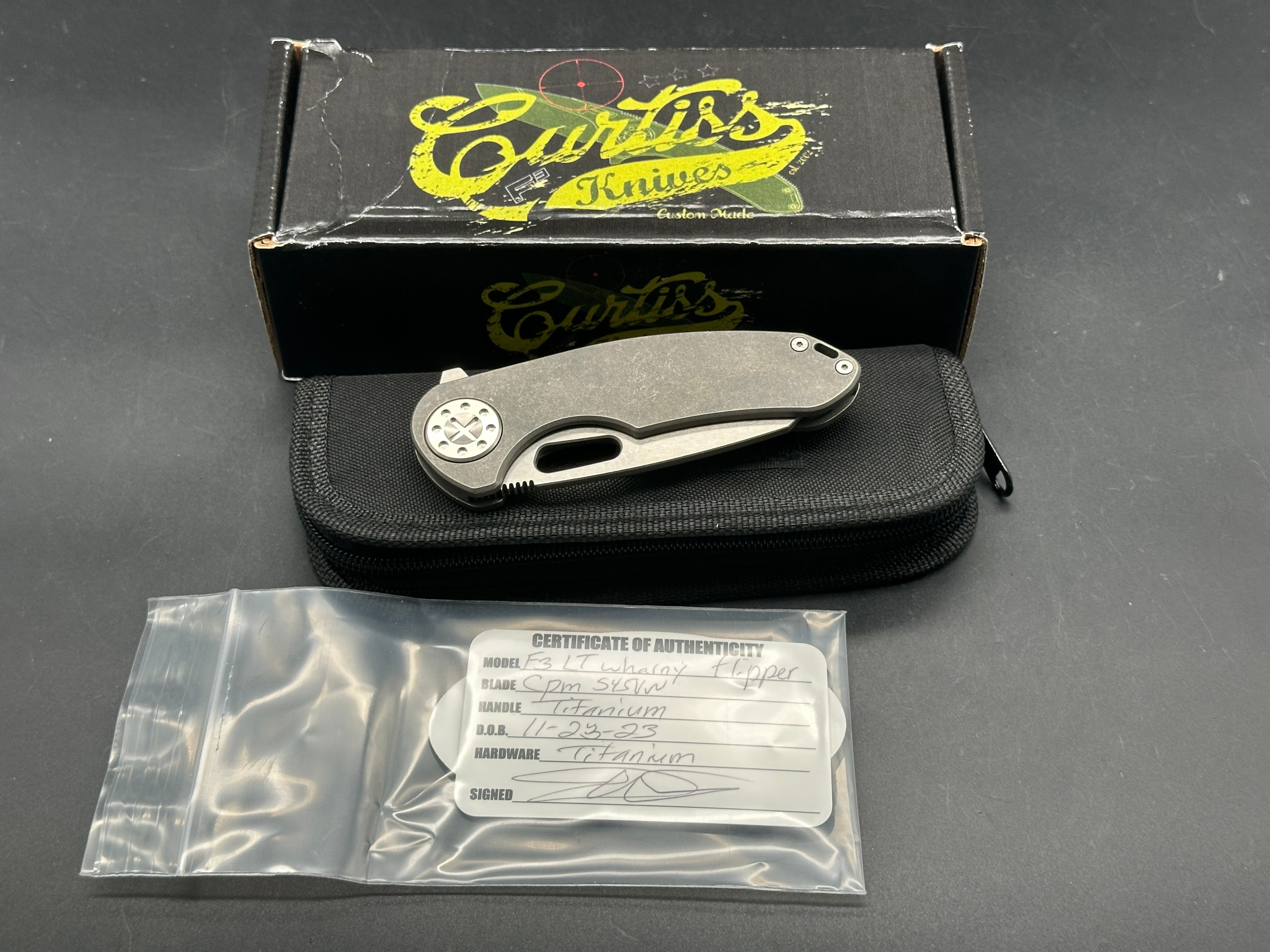 Premium Curtiss Custom Knives F3LT Wharny Flipper - Two-Tone CPM S45VN Wharncliffe Blade | EDC Pocket Knife for Outdoor, Camping & Everyday Carry