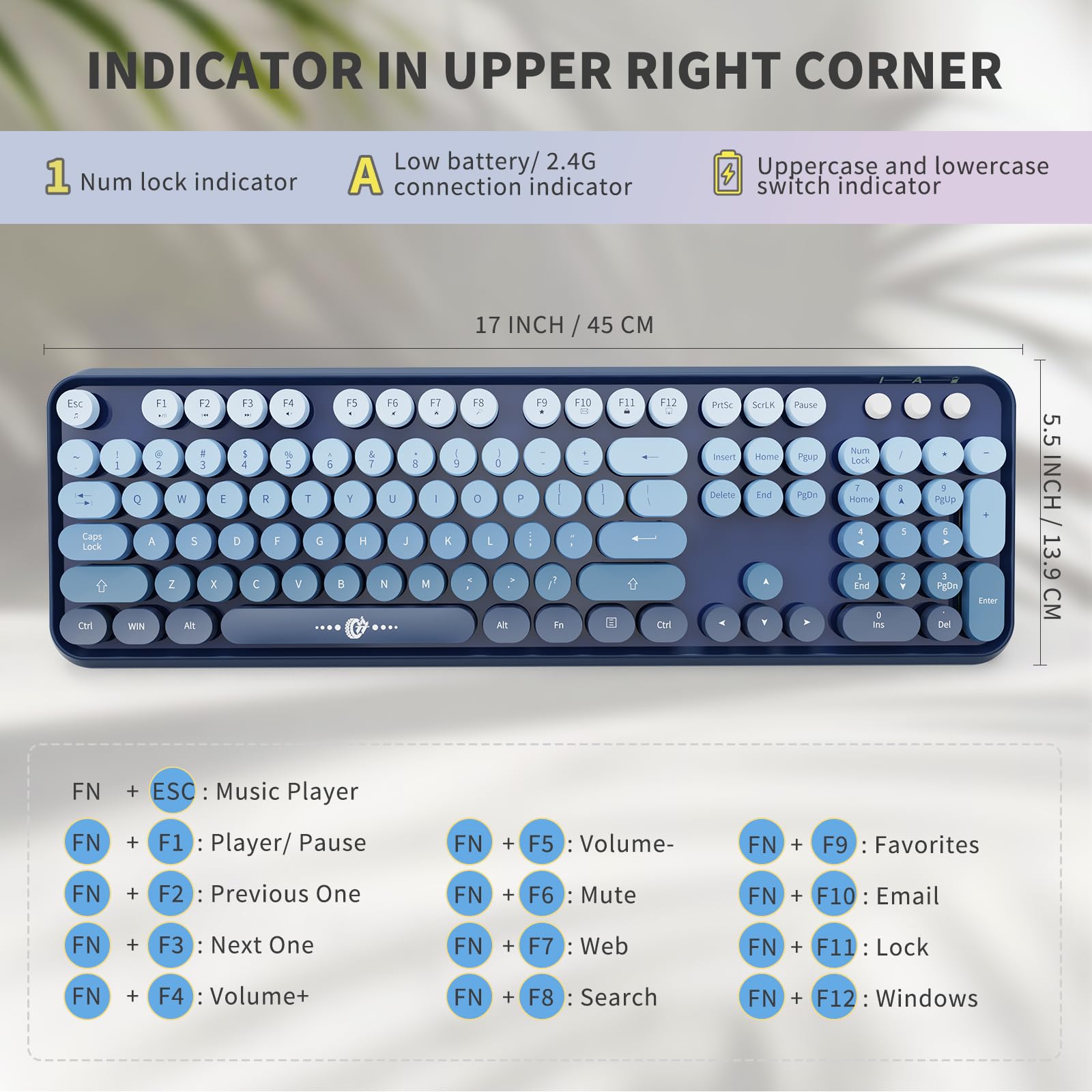FOPETT 2.4G Wireless Keyboard Mouse Combo - 104 Round Key Retro Typewriter for PC/Laptop - Blue Gradient for Office/Home Use