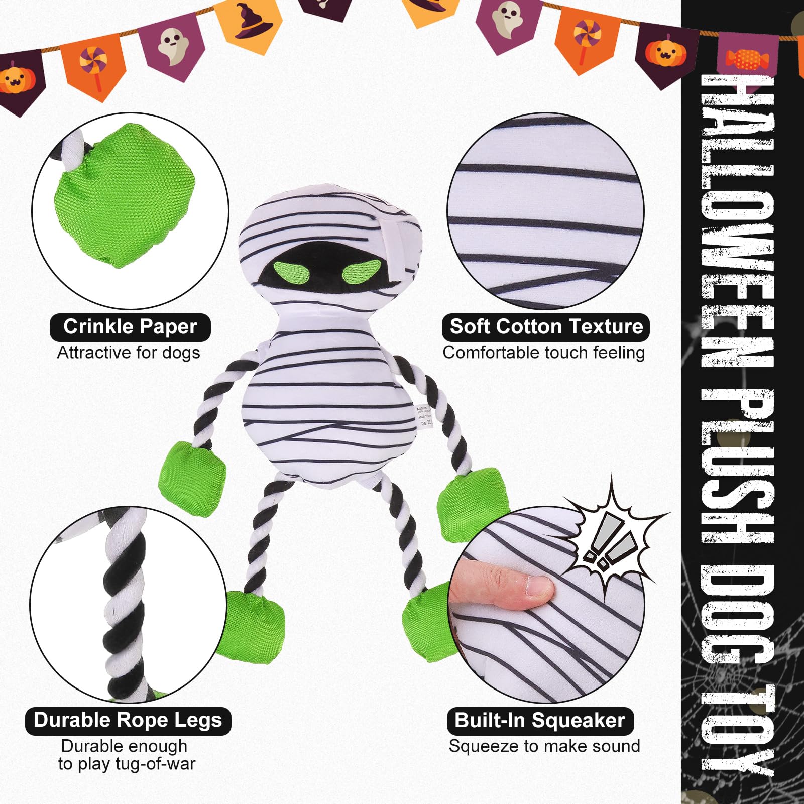 EXPAWLORER Halloween Squeaky Dog Toys - Mummy Zombie Interactive Plush Chew Rope Toy with Crinkle Paper for Small, Medium & Large Dogs | Fun Playtime, Training Reward & Anxiety Relief for Puppies & Adult Dogs